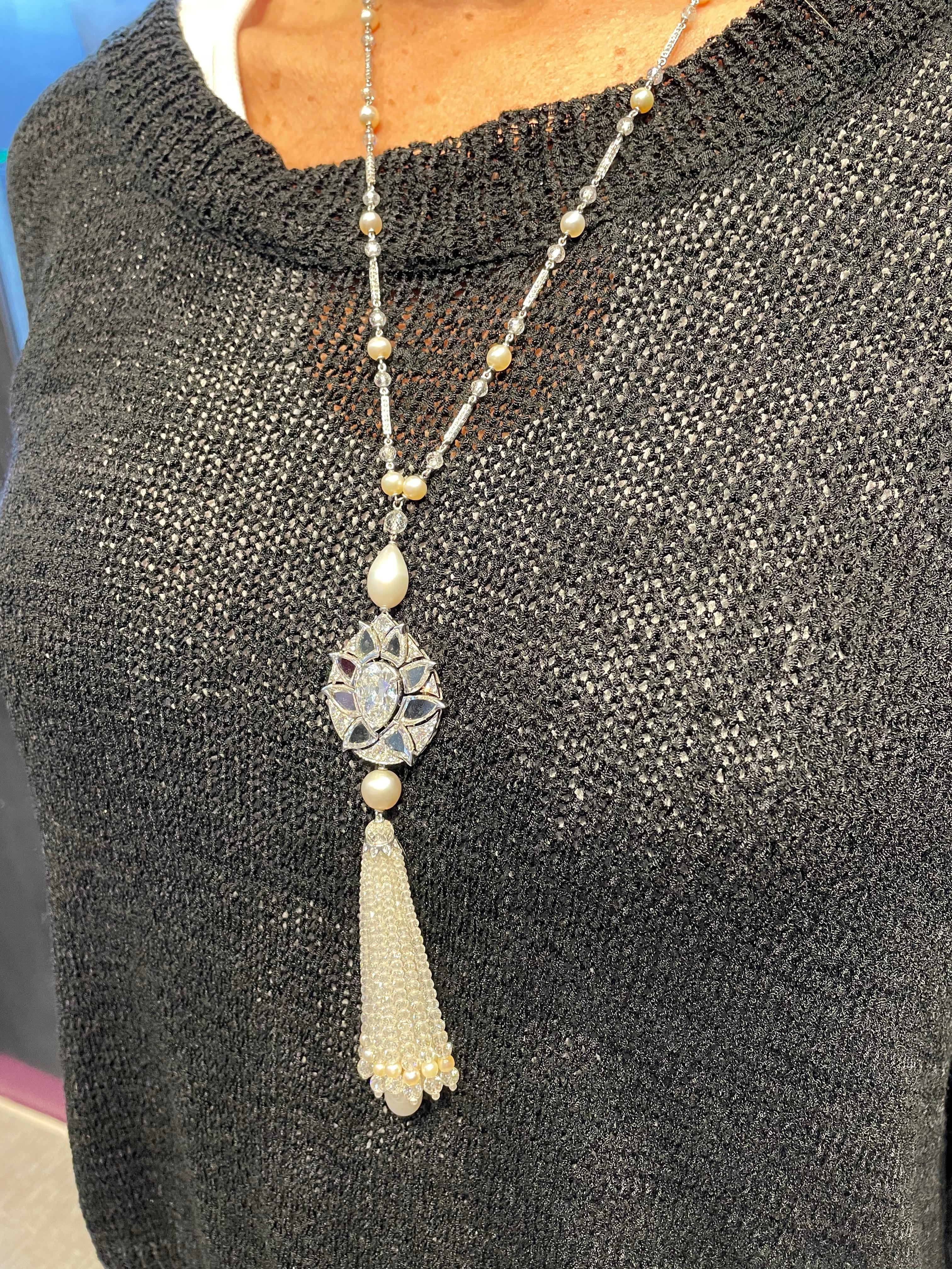 Diamond and Natural Pearl Tassel Sautoir Necklace Masterpiece by Viren Bhagat 12