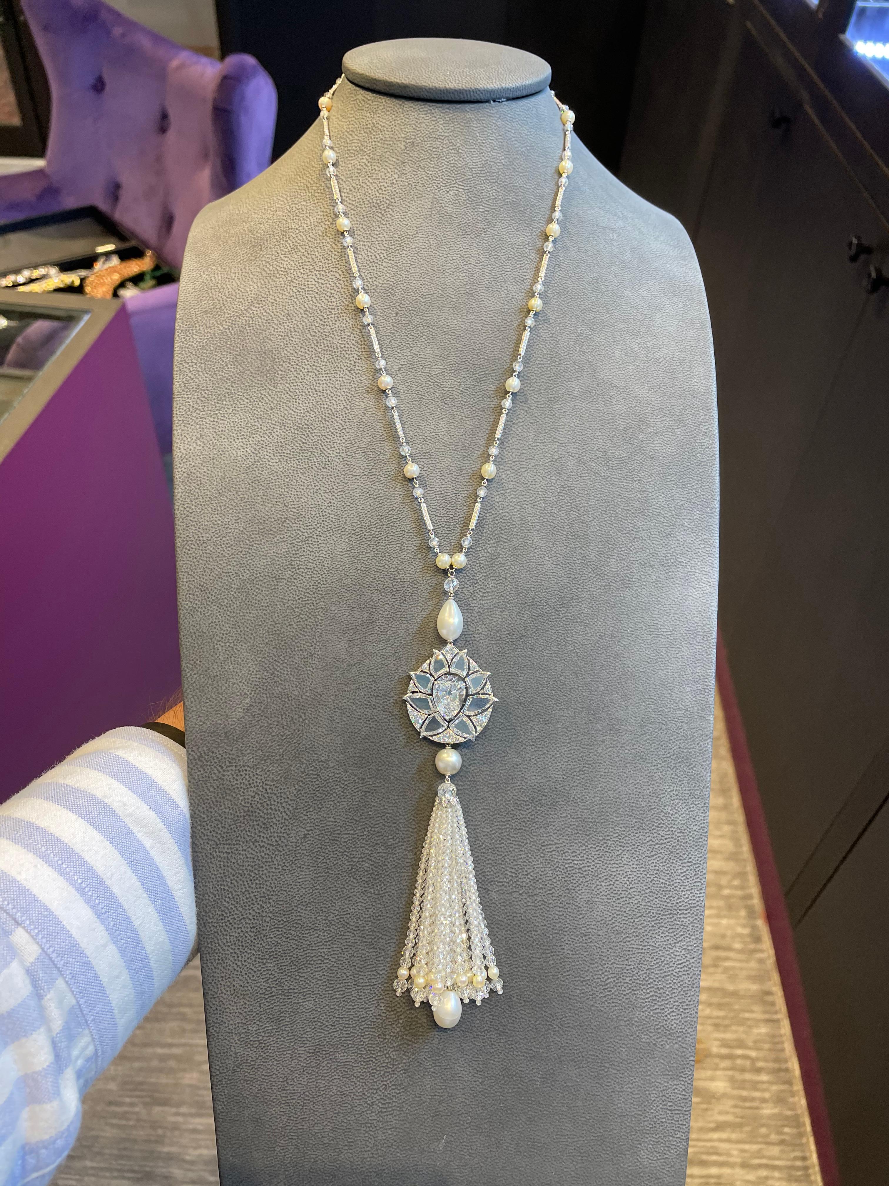 Diamond and Natural Pearl Tassel Sautoir Necklace Masterpiece by Viren Bhagat 7