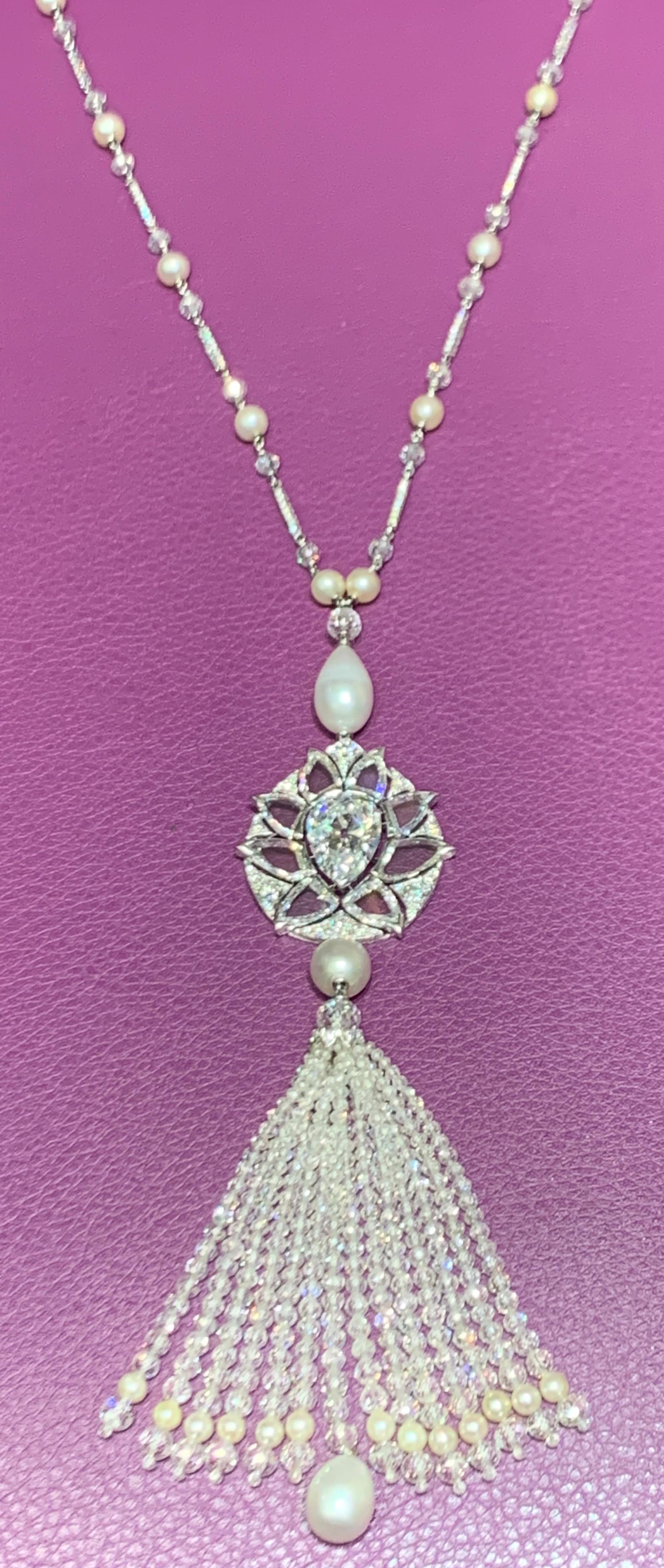 Pear Cut Diamond and Natural Pearl Tassel Sautoir Necklace Masterpiece by Viren Bhagat