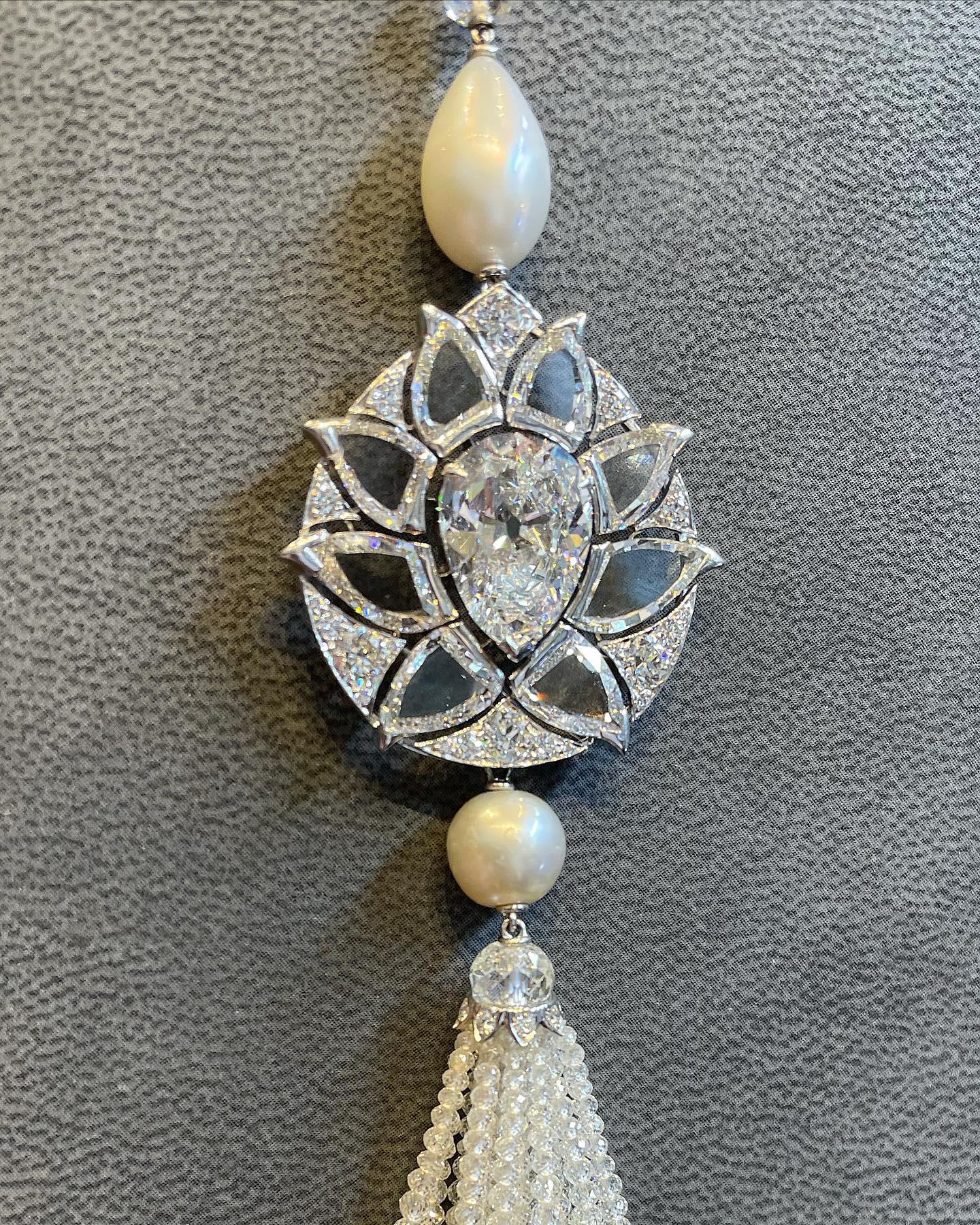 Women's Diamond and Natural Pearl Tassel Sautoir Necklace Masterpiece by Viren Bhagat