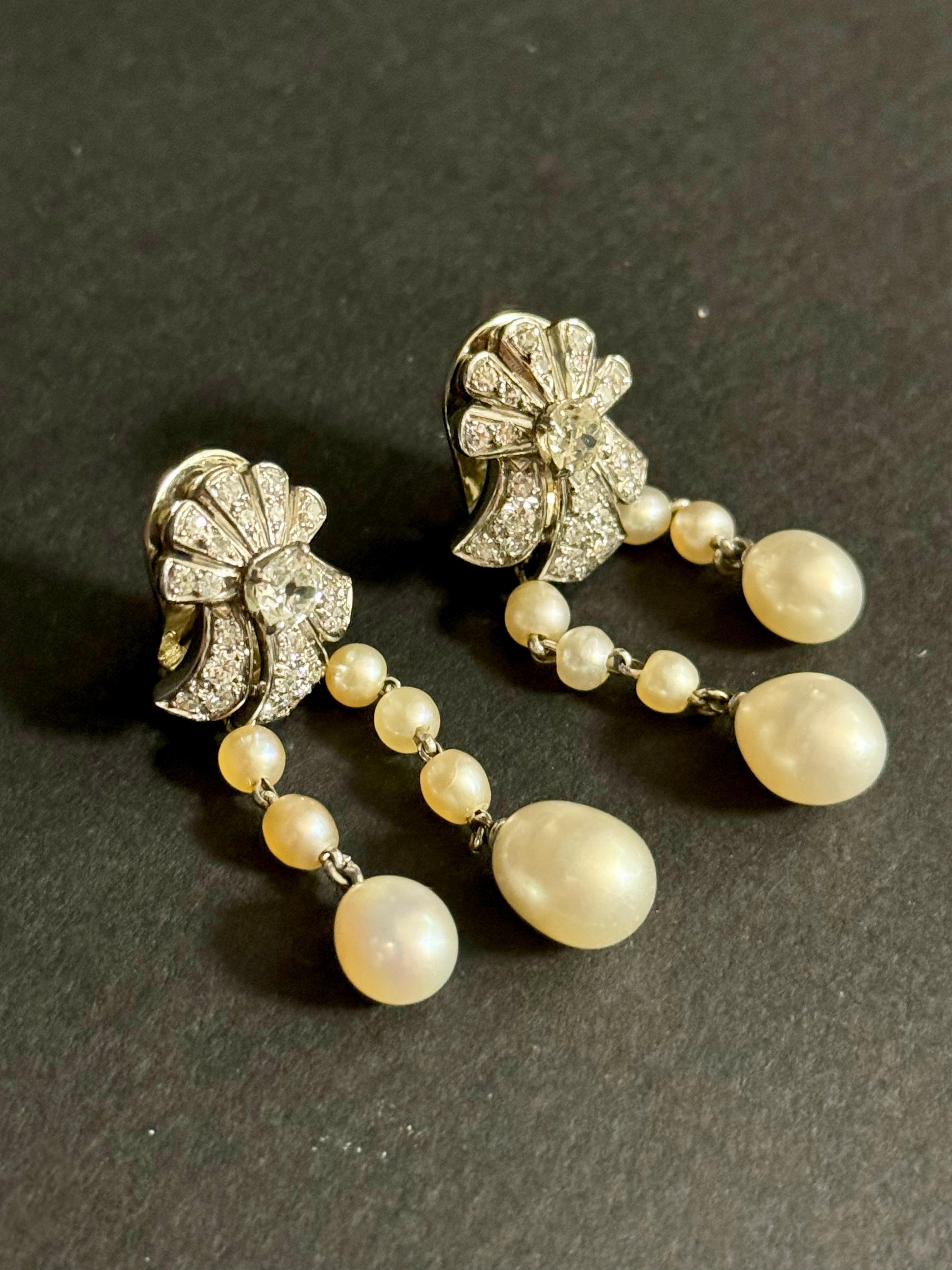 Ohrringe aus Diamanten und Naturperlen, die Henry de Monfreid seiner Frau (Rohschliff) im Angebot