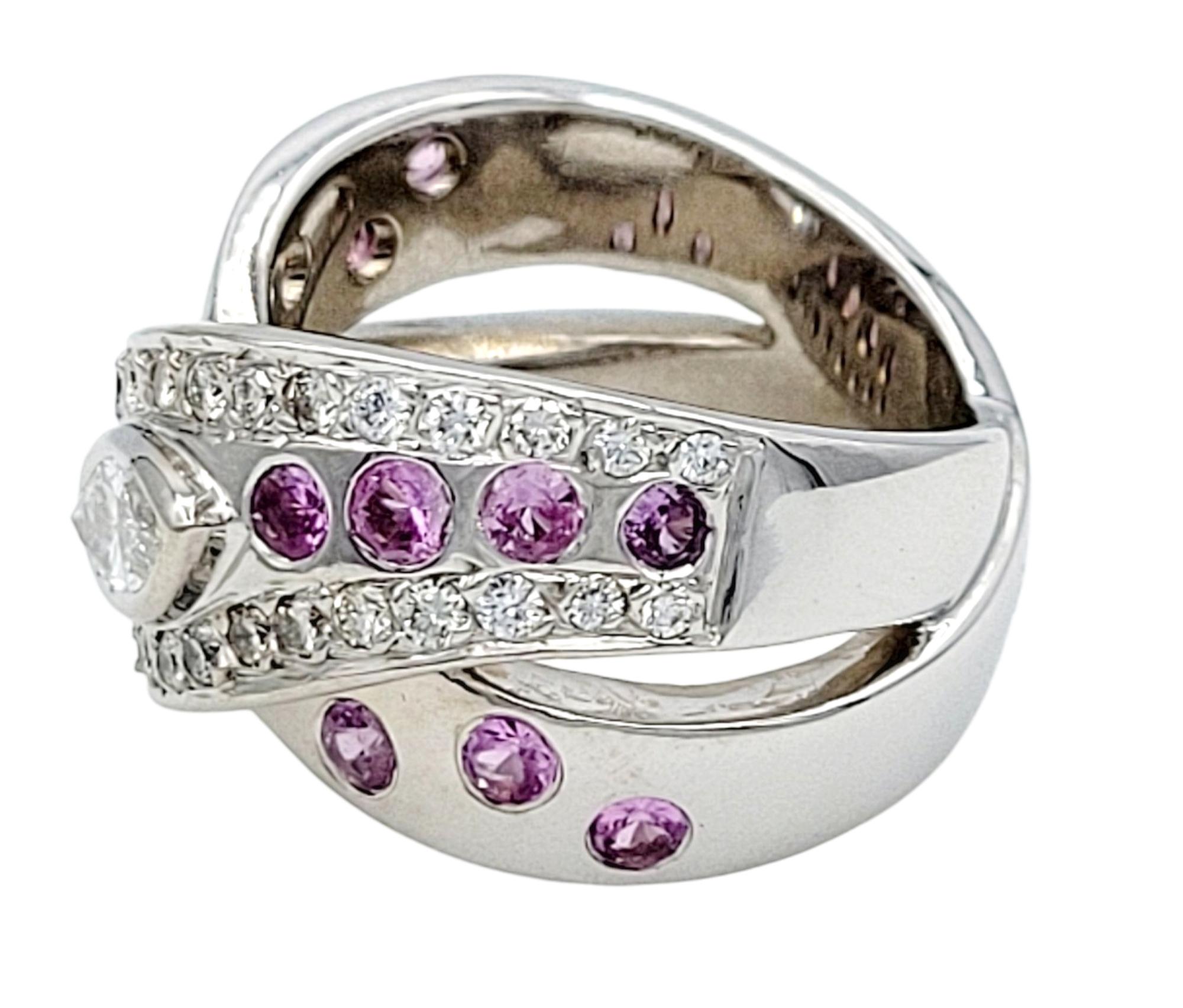 Diamond and Natural Pink Sapphire Crossover Band Ring in 14 Karat White Gold In Good Condition For Sale In Scottsdale, AZ