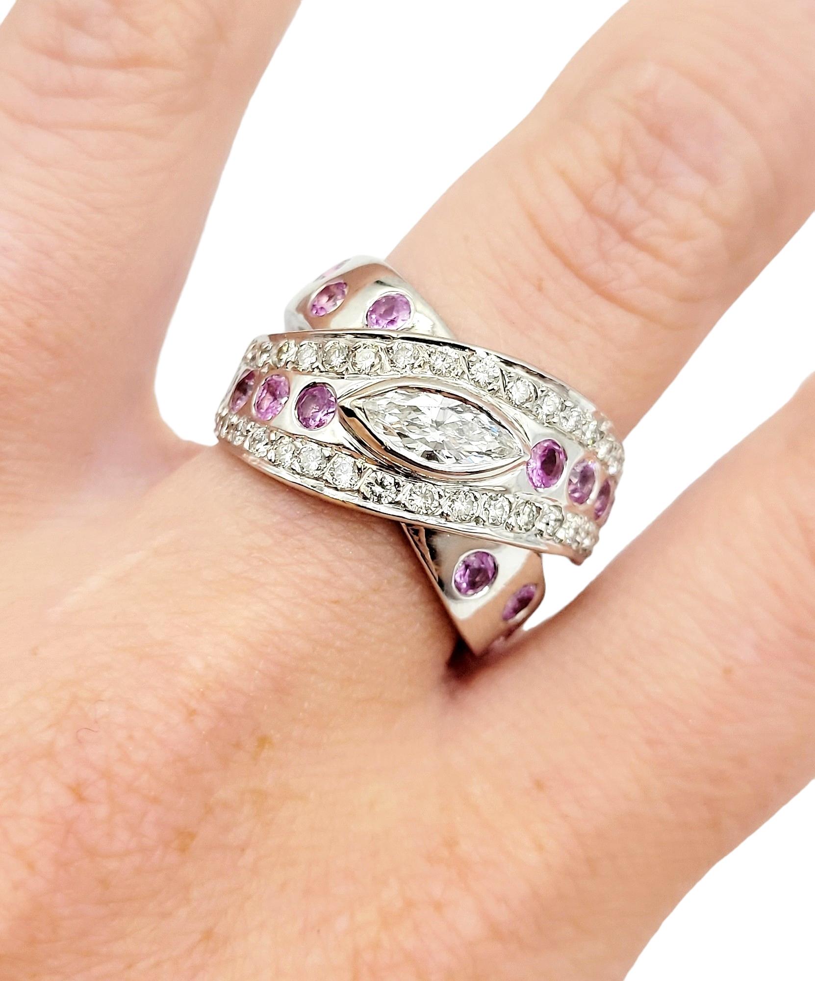 Diamond and Natural Pink Sapphire Crossover Band Ring in 14 Karat White Gold For Sale 1