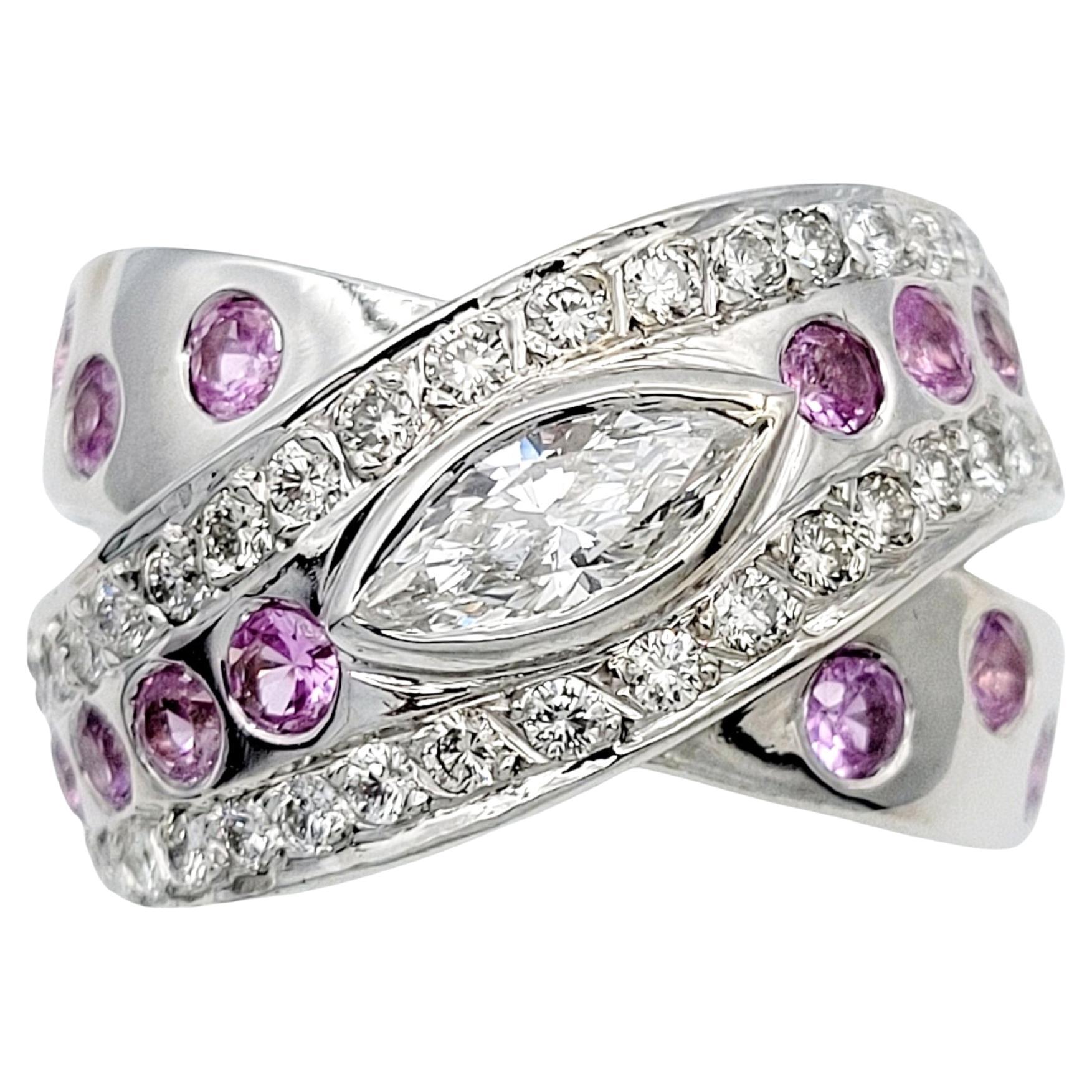 Diamond and Natural Pink Sapphire Crossover Band Ring in 14 Karat White Gold For Sale