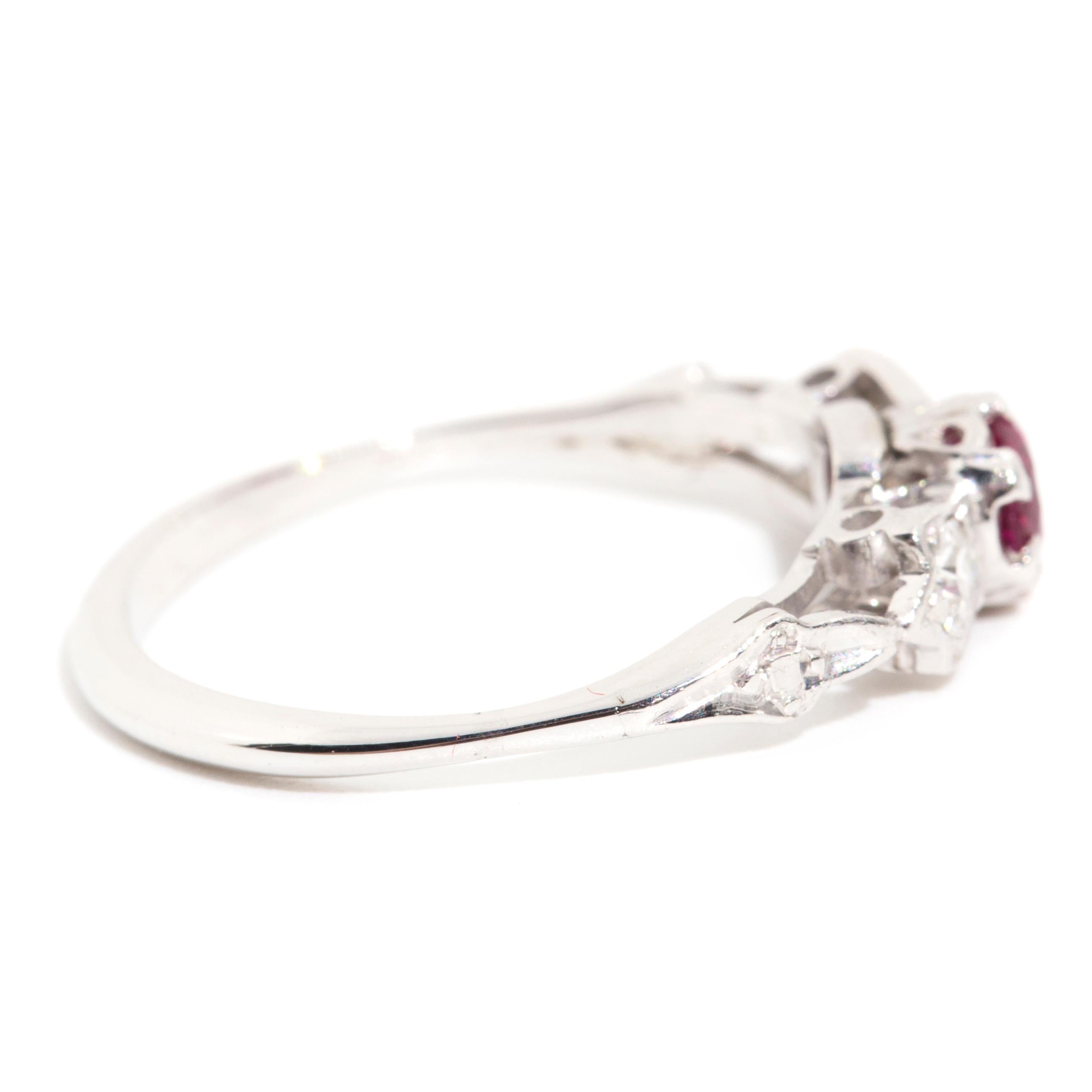 Diamond and Natural Round Ruby Vintage Three Stone Ring in 18 Carat White Gold For Sale 3