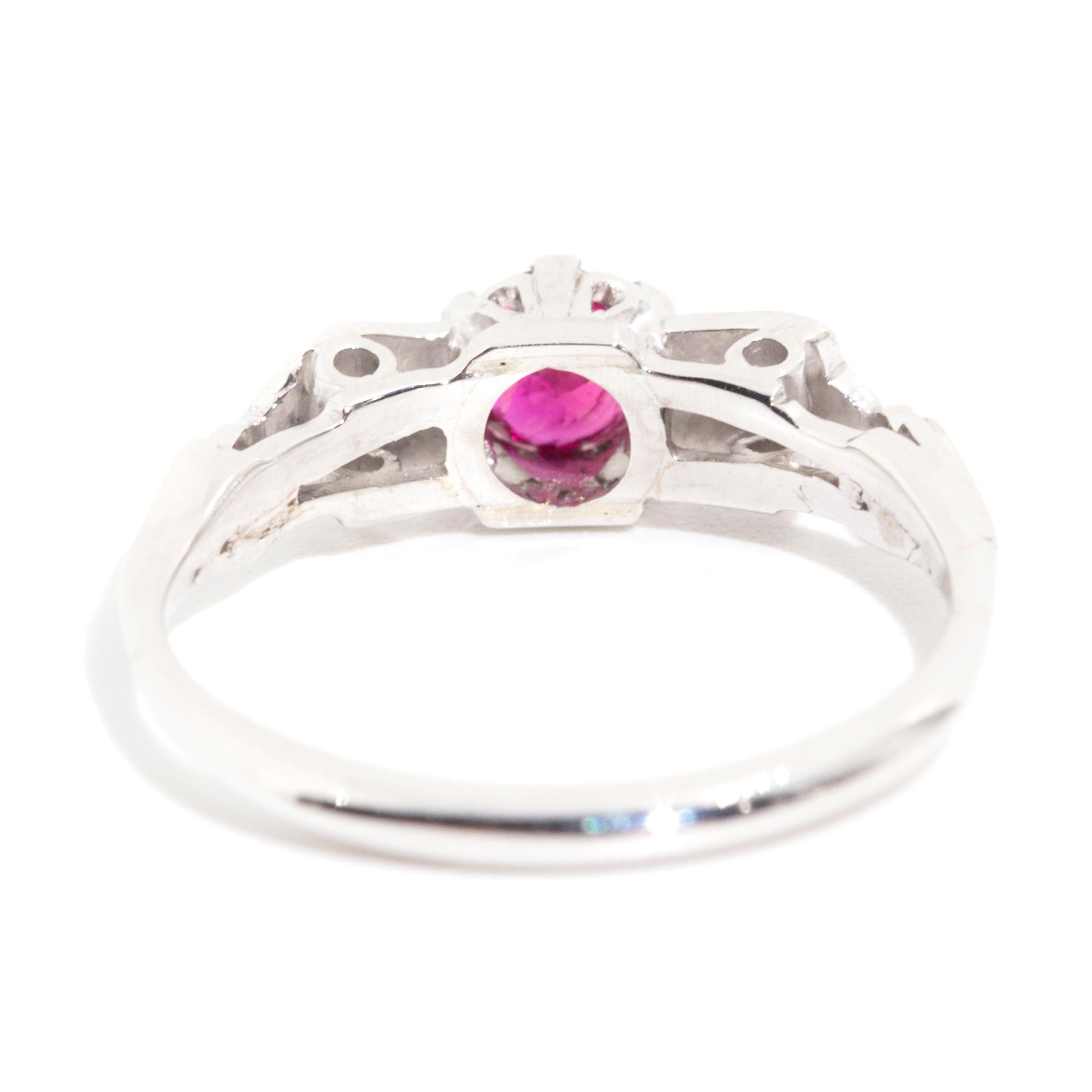 Women's Diamond and Natural Round Ruby Vintage Three Stone Ring in 18 Carat White Gold For Sale