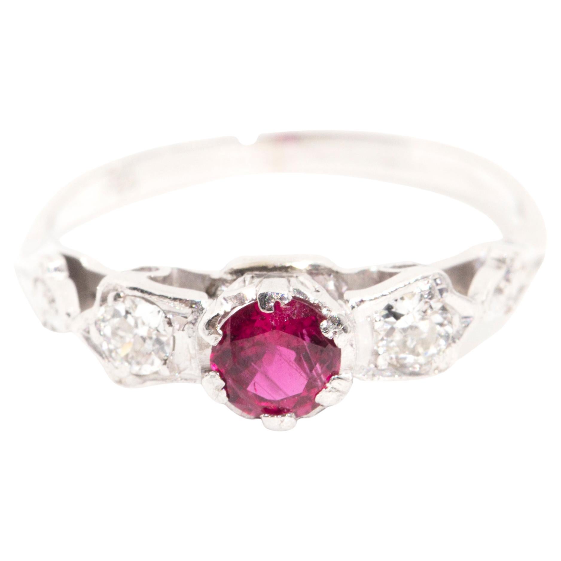 Diamond and Natural Round Ruby Vintage Three Stone Ring in 18 Carat White Gold For Sale