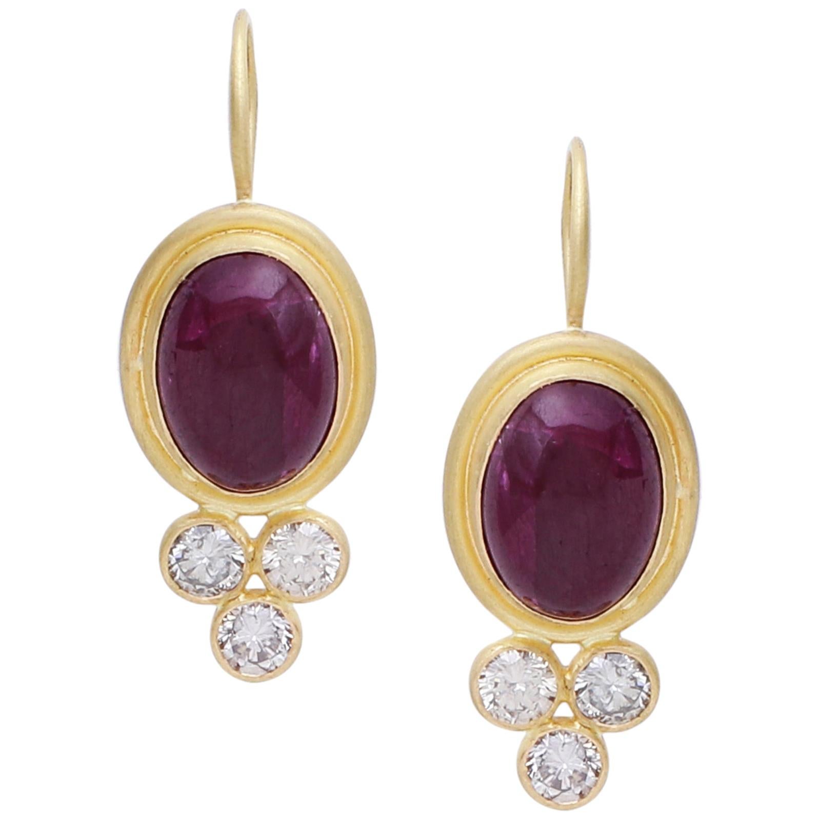 Diamond and Natural Ruby Cabochon Earring Handcrafted in 18 Karat Yellow Gold