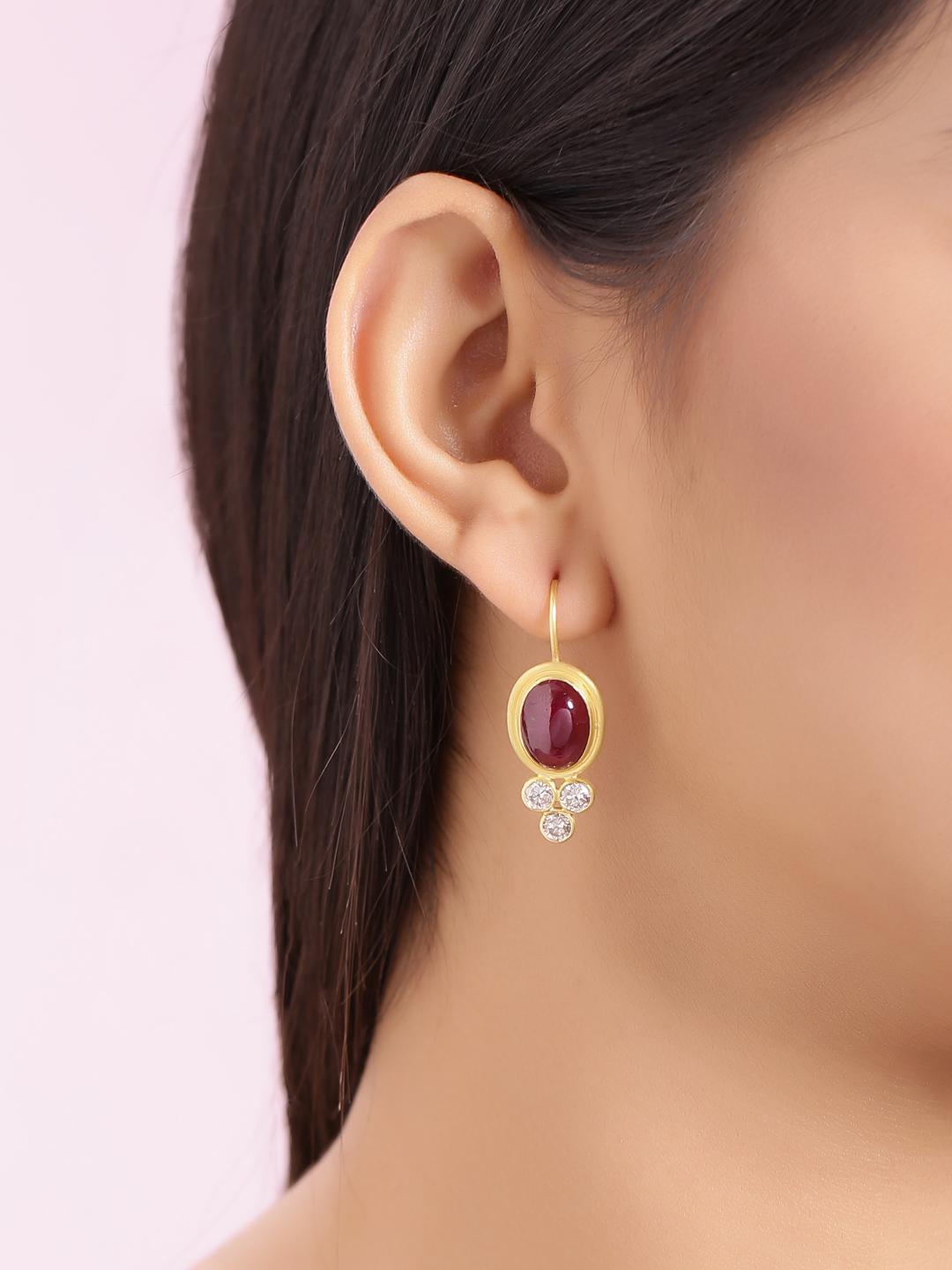 Modern Diamond and Natural Ruby Cabochon Earring Handcrafted in 18 Karat Yellow Gold