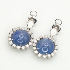 Diamond and Star Sapphire Drop Earrings in Platinum and 18K White Gold