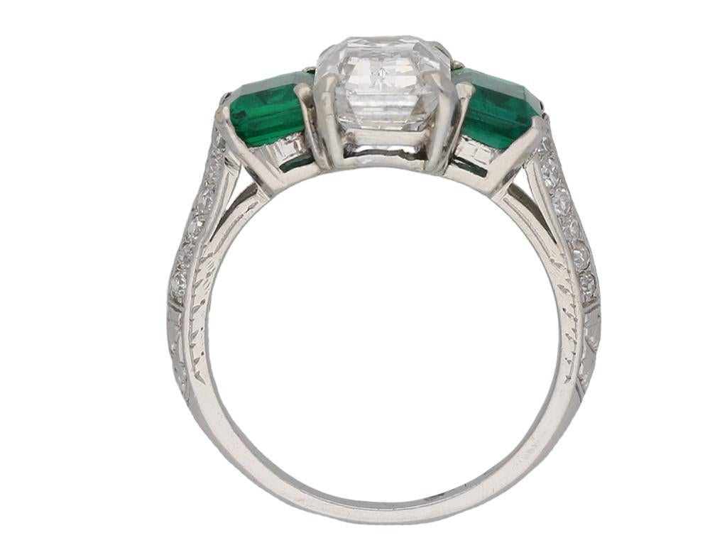 Emerald Cut Diamond and Natural Unenhanced Emerald Three-Stone Ring For Sale