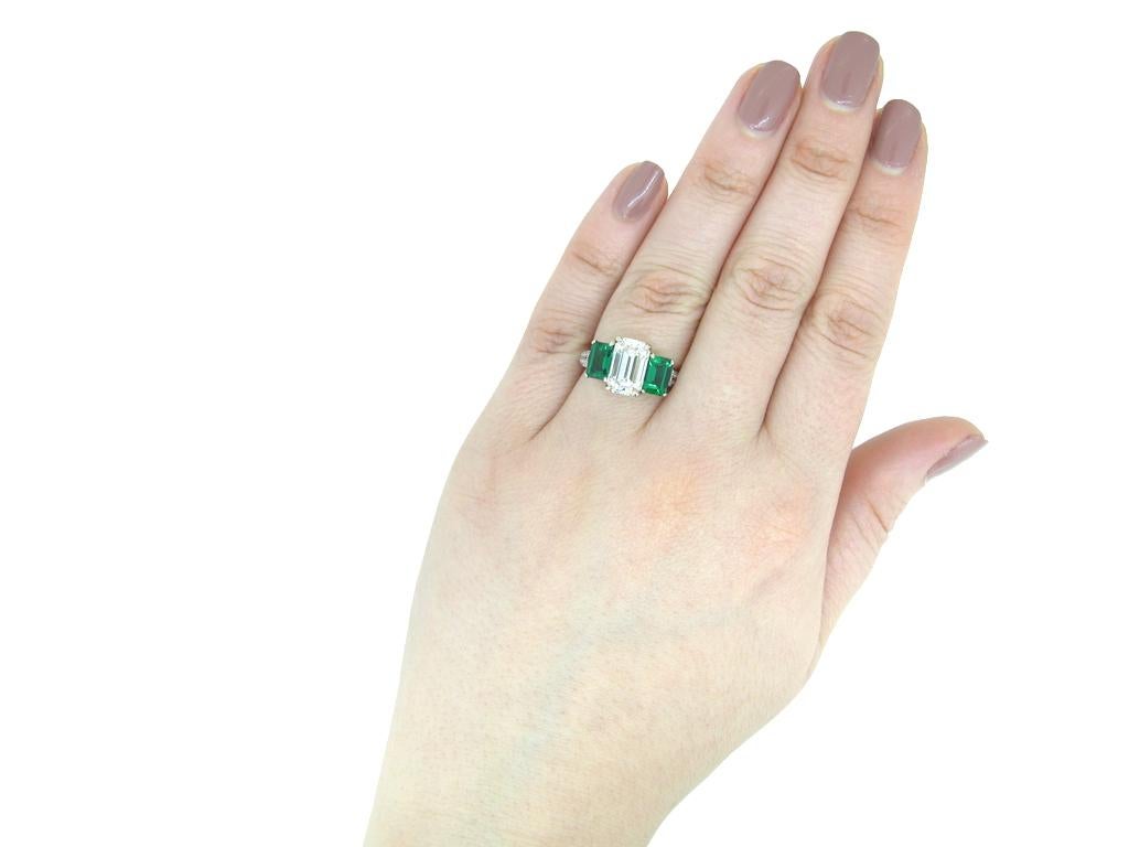 Women's Diamond and Natural Unenhanced Emerald Three-Stone Ring For Sale