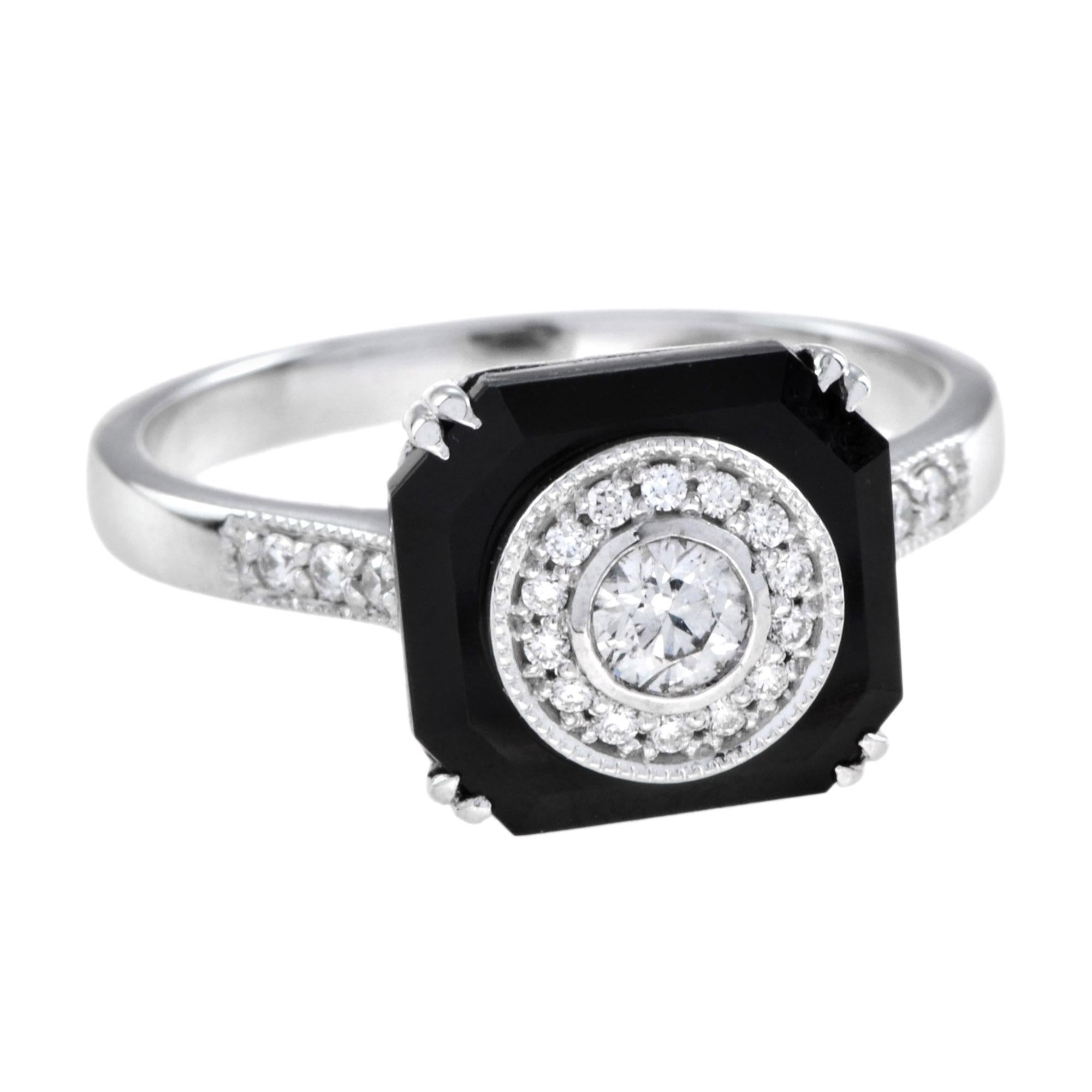A stunning, fine and impressive Art Deco style diamond and onyx halo ring. A total of .28 carats of diamond are set in octagonal shaped onyx. A stunning piece to match with your everyday look.

Ring Information
Style: Art-deco
Metal: 14K White