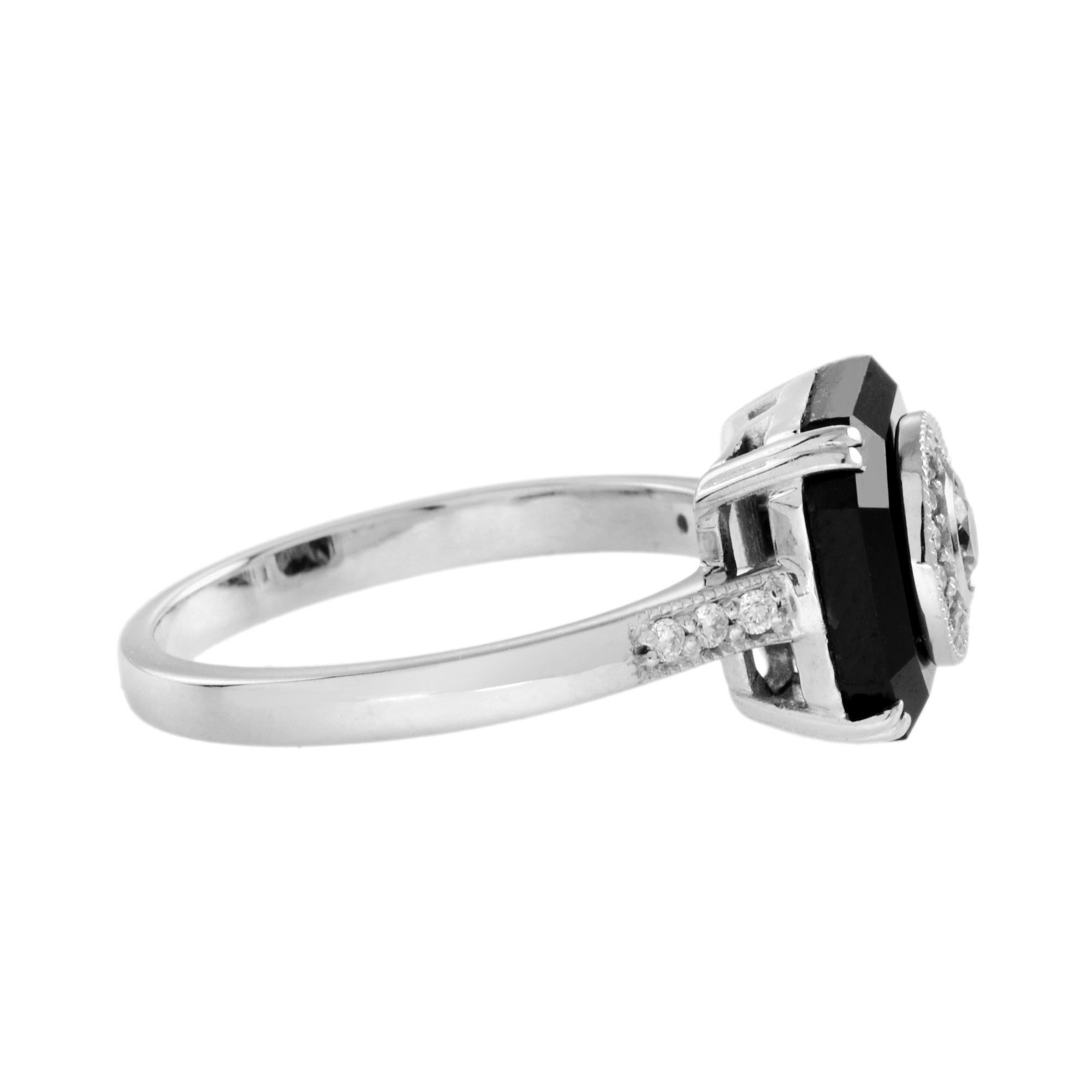 Round Cut Diamond and Octagon Onyx Art Deco Style Ring in 14K White Gold  For Sale