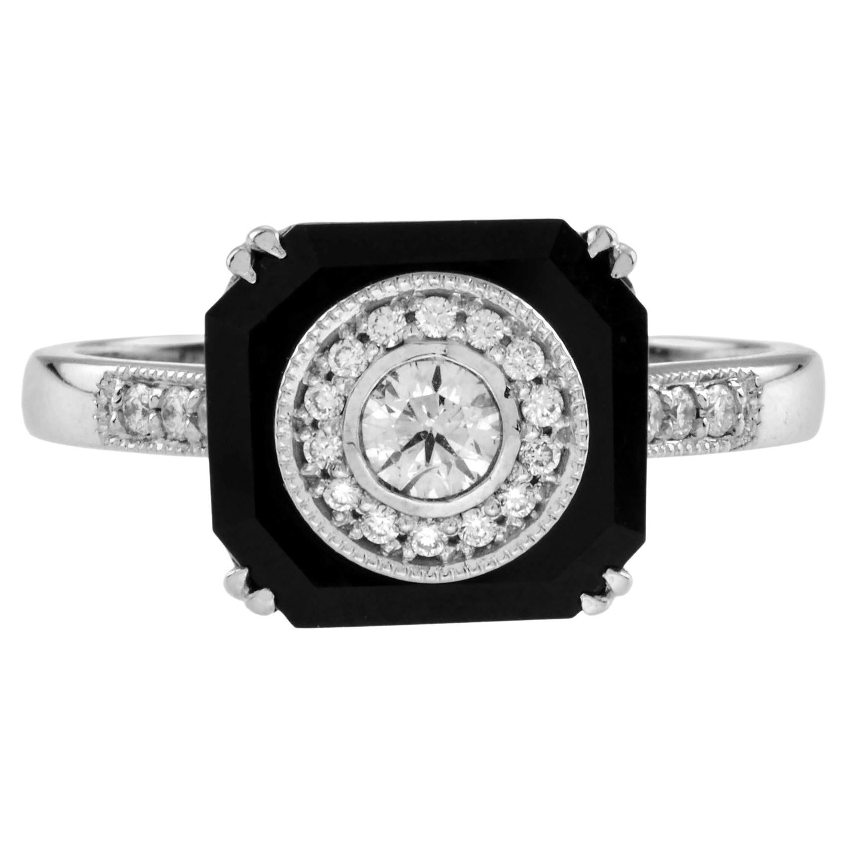 Diamond and Octagon Onyx Art Deco Style Ring in 14K White Gold  For Sale