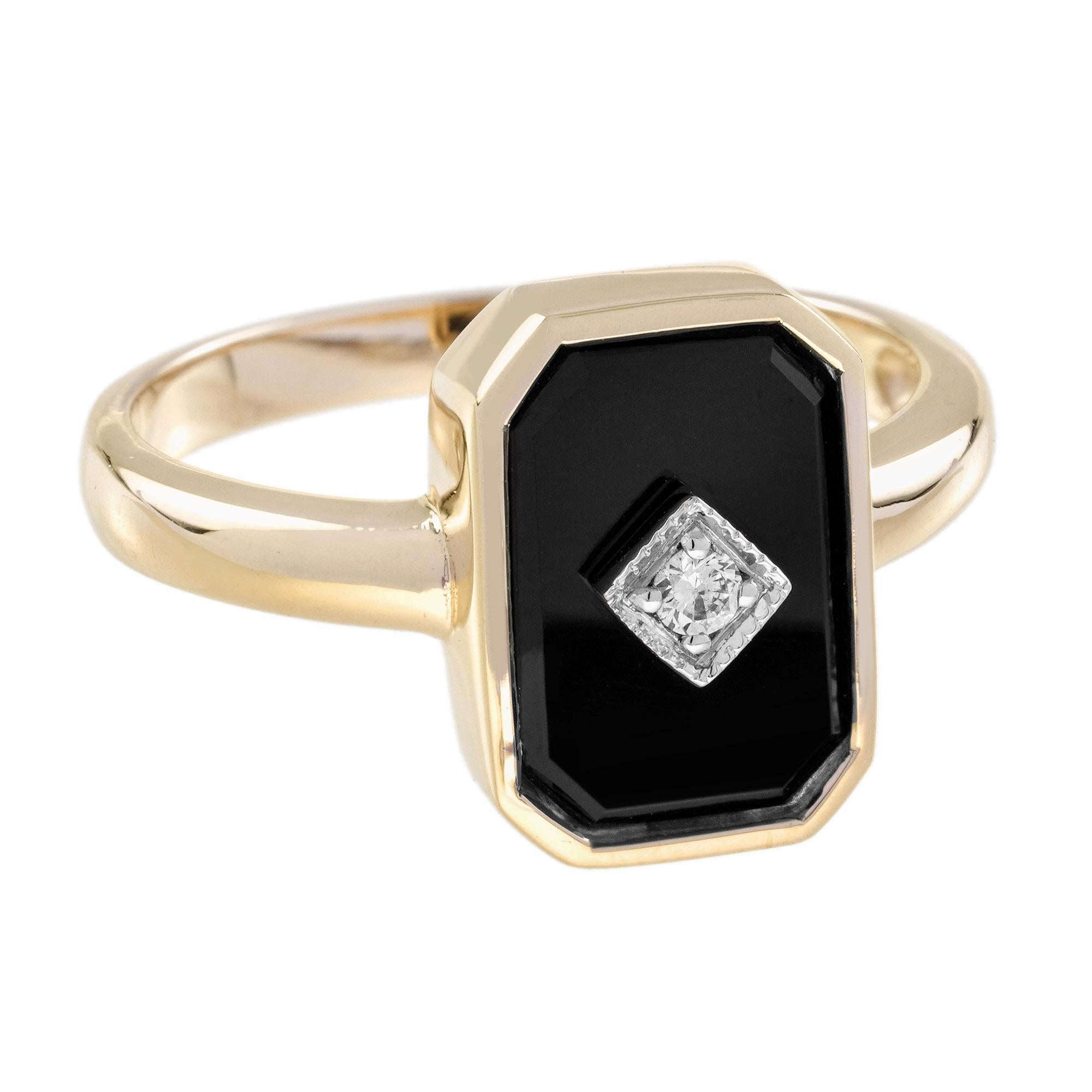Taille ronde Bague de style Art déco en or jaune 14 carats, diamant et onyx octogonal en vente