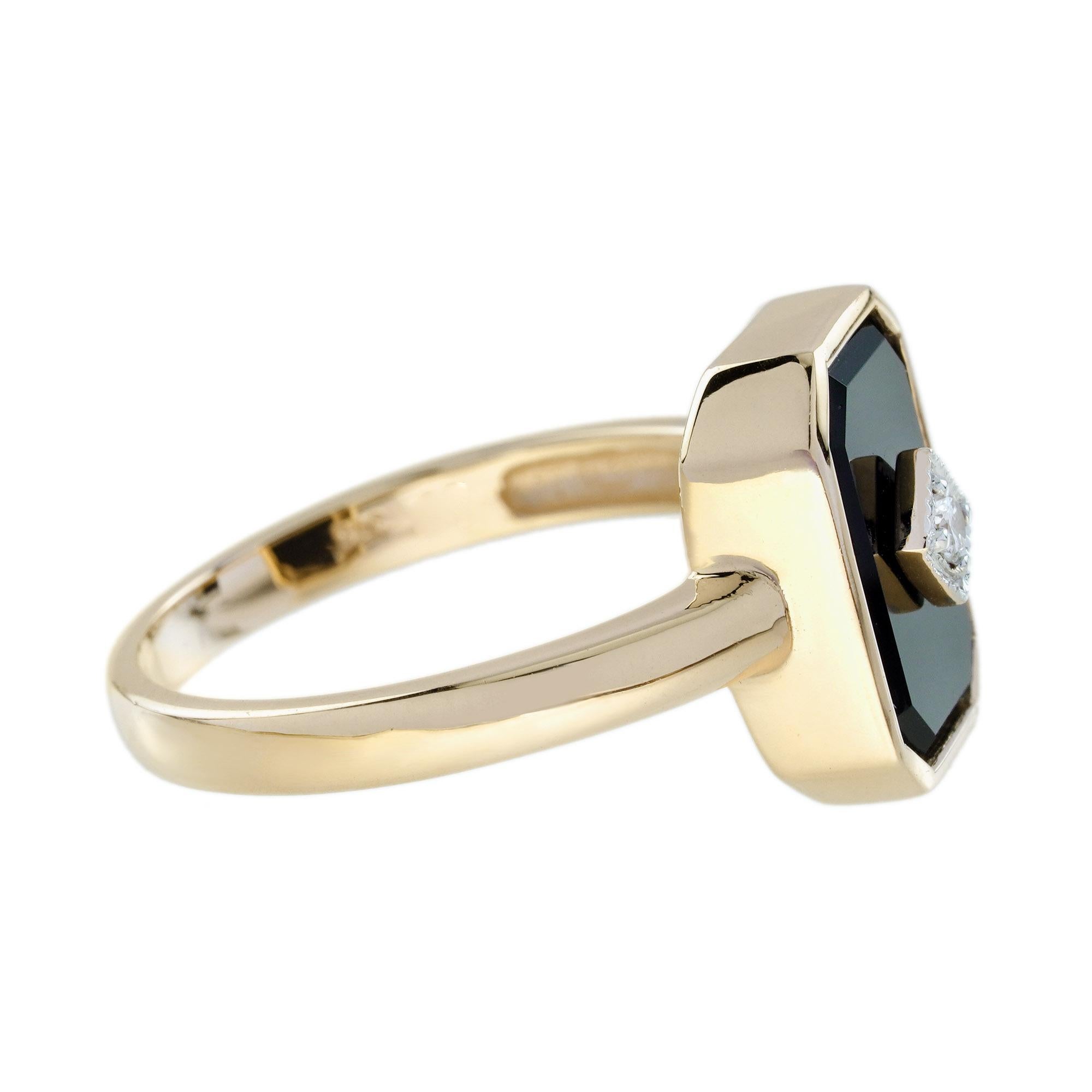 Bague de style Art déco en or jaune 14 carats, diamant et onyx octogonal Pour femmes en vente