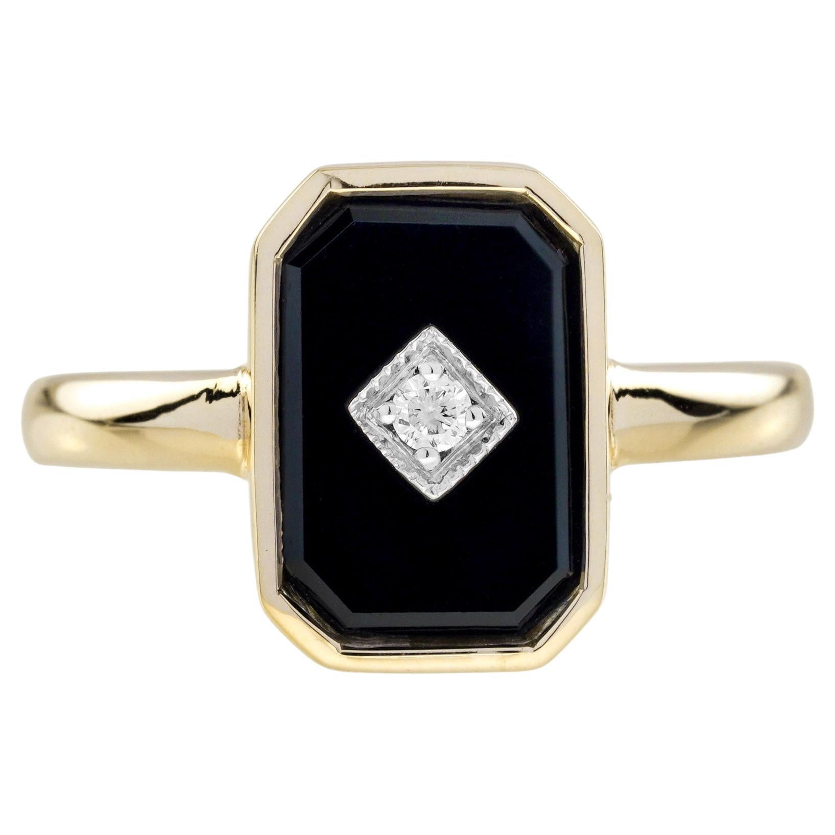 Diamond and Octagon Onyx Art Deco Style Ring in 14K Yellow Gold