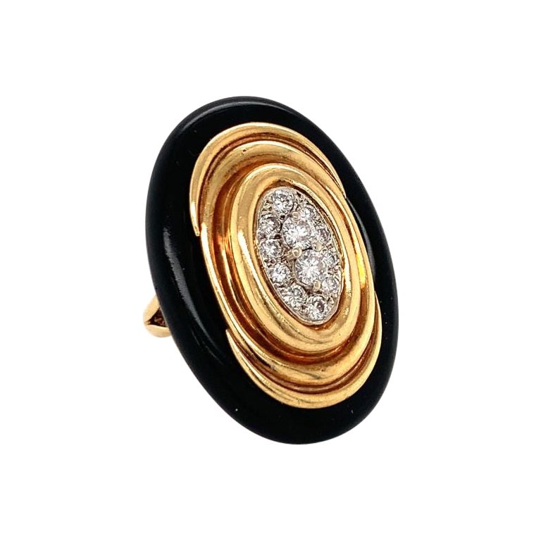 Anello con diamanti e onice in oro giallo 18 carati di Emis, anni '70 circa
