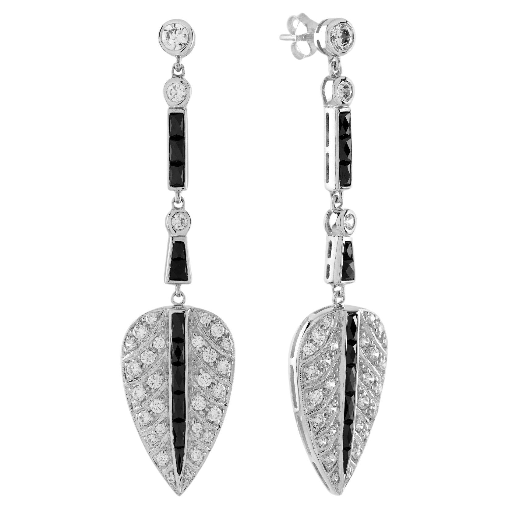 Diamond and Onyx Antique Style leaf drop earrings in 14K White Gold For Sale