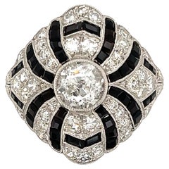 Diamond and Onyx Art Deco Revival Platinum Cocktail Ring Fine Estate Jewelry