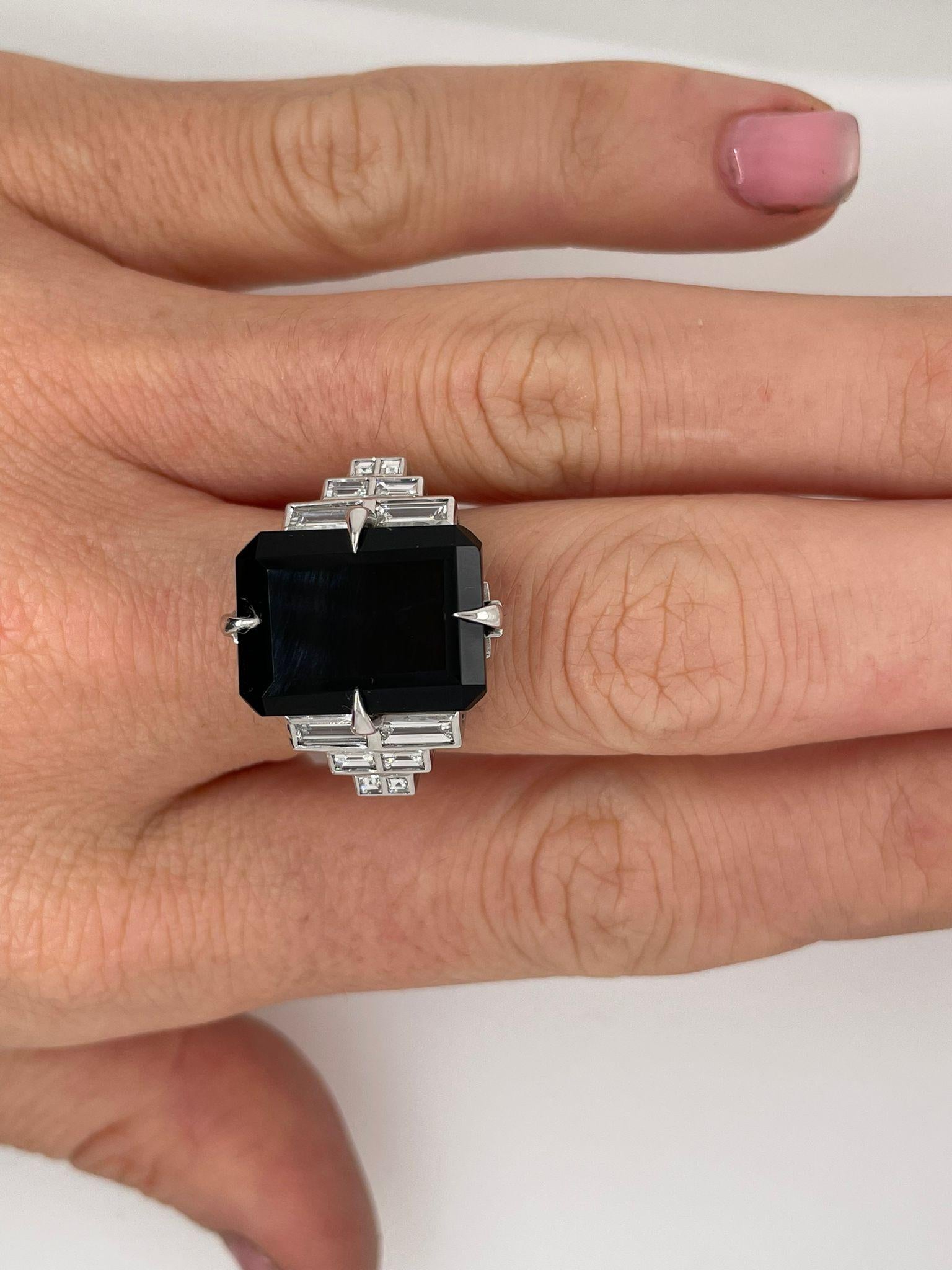 For Sale:  Diamond and Onyx Art Deco Ring with Baguette Diamonds 10