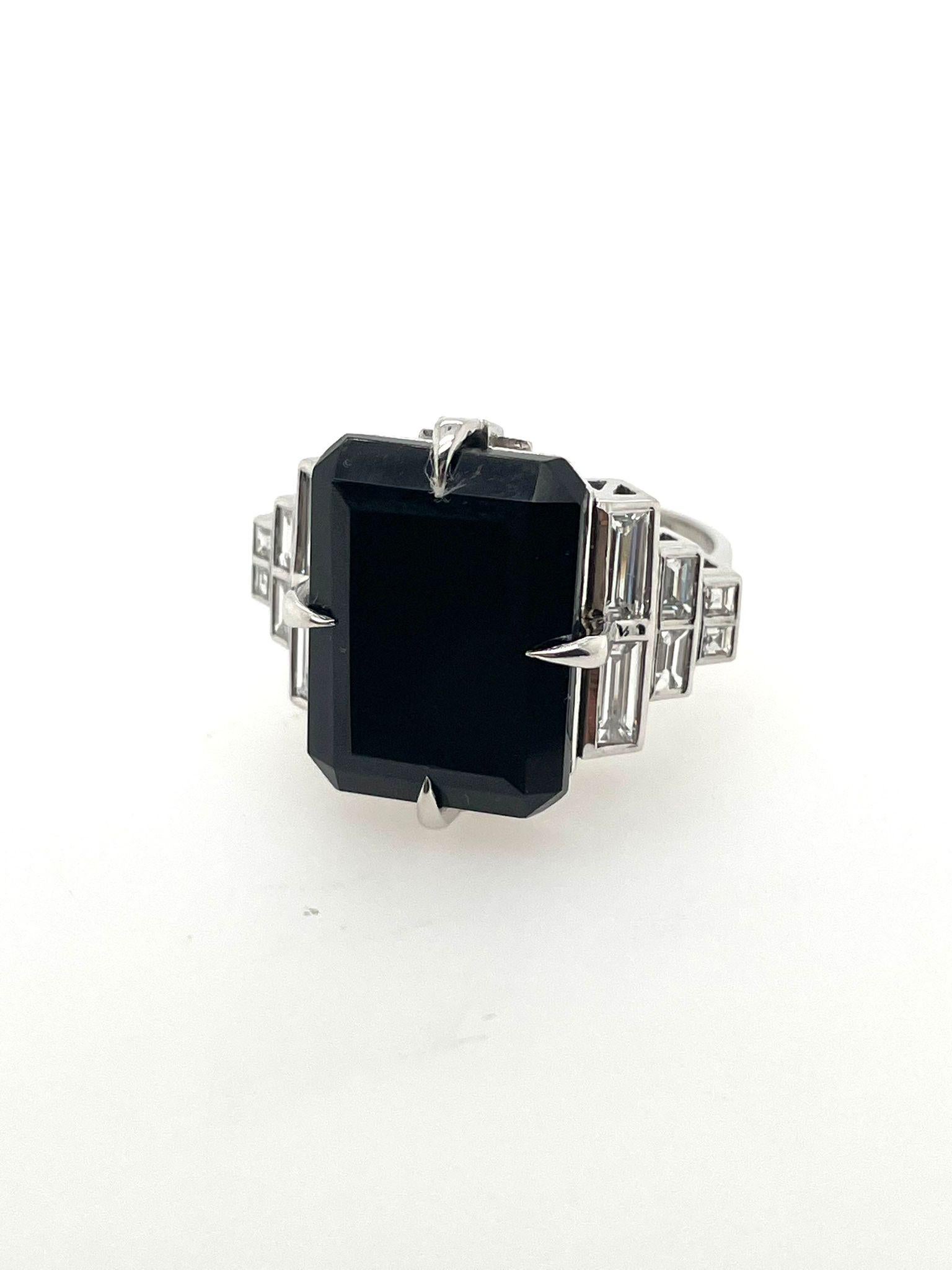For Sale:  Diamond and Onyx Art Deco Ring with Baguette Diamonds 2