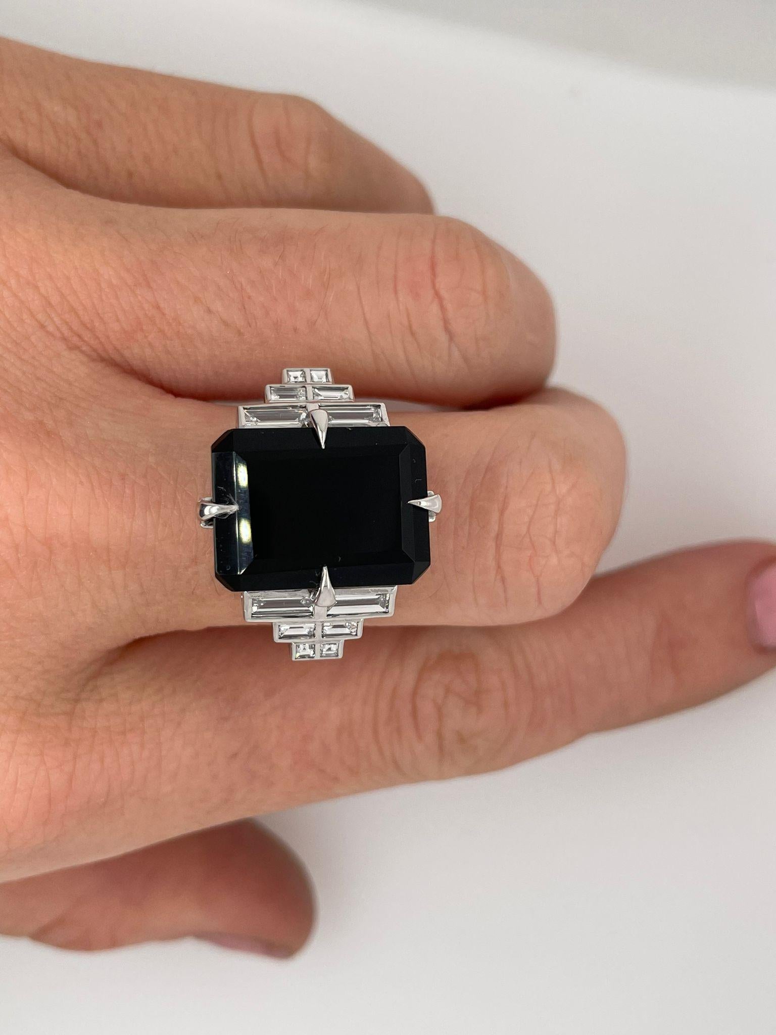 For Sale:  Diamond and Onyx Art Deco Ring with Baguette Diamonds 8