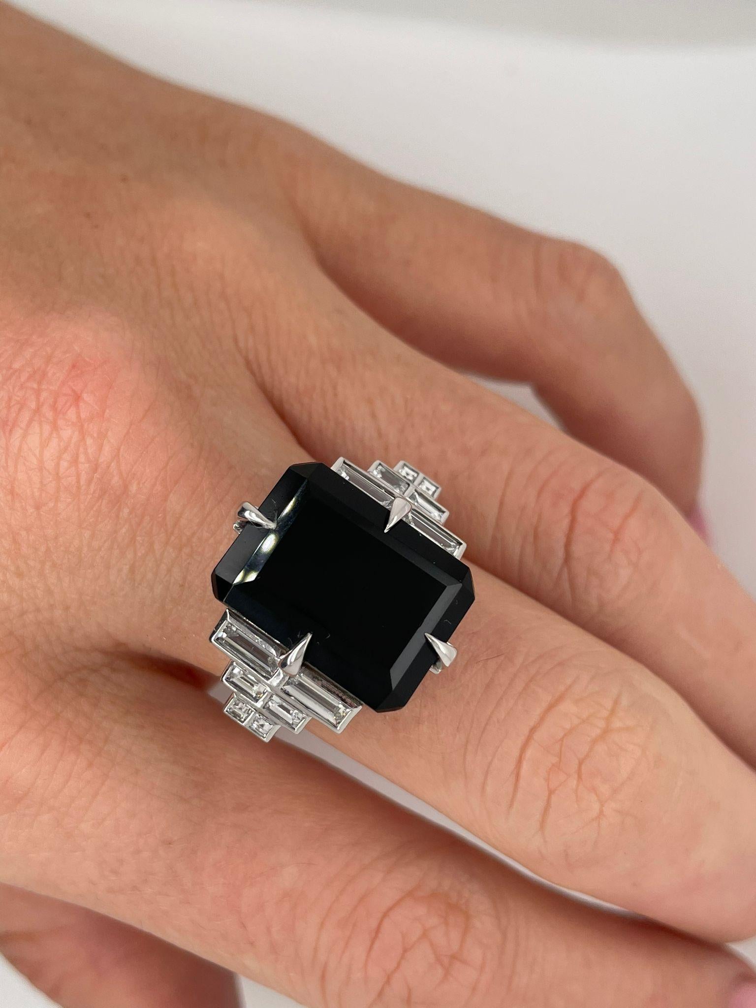For Sale:  Diamond and Onyx Art Deco Ring with Baguette Diamonds 9
