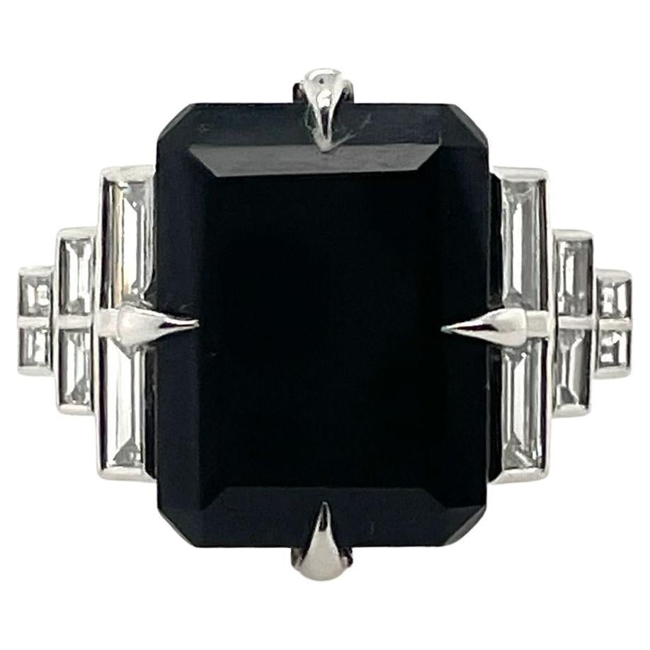 For Sale:  Diamond and Onyx Art Deco Ring with Baguette Diamonds