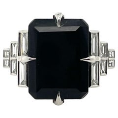 Diamond and Onyx Art Deco Ring with Baguette Diamonds