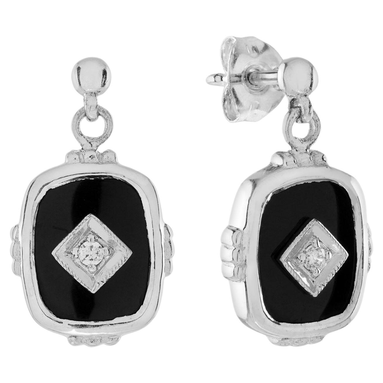 Diamond and Onyx Art Deco Style Cushion Shape Drop Earrings in 14K White Gold
