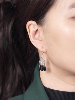Diamond and Onyx Art Deco Style Dangle Earrings in 9K Yellow Gold