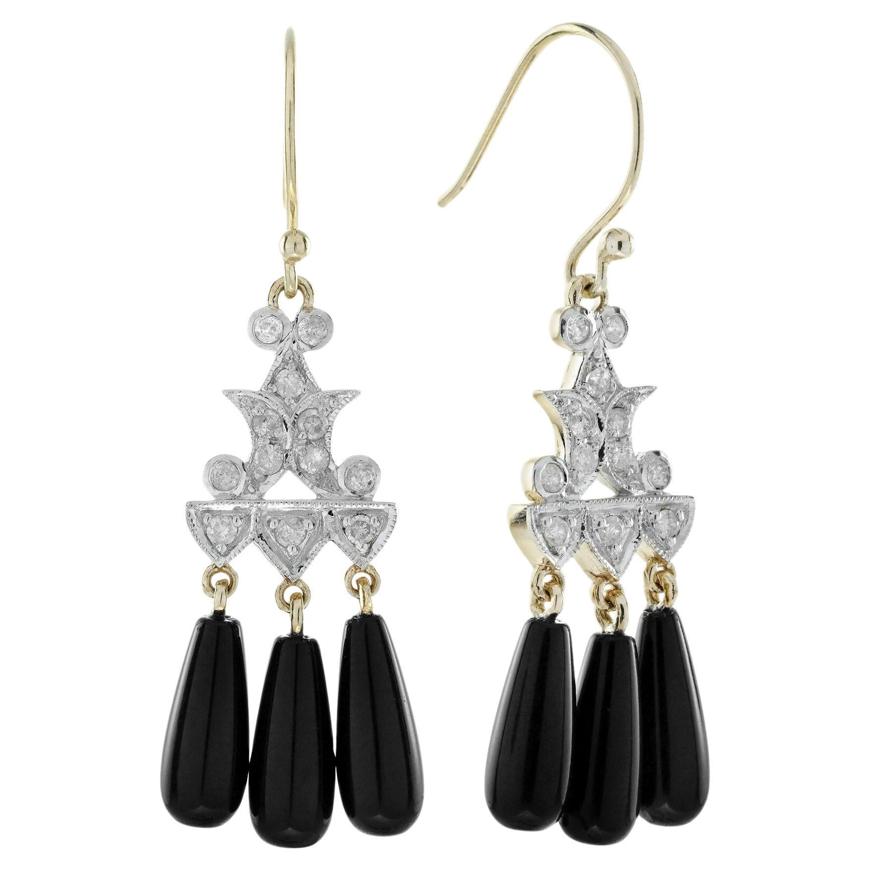Boucles d'oreilles pendantes en or jaune 9K avec diamants et onyx de style Art Déco