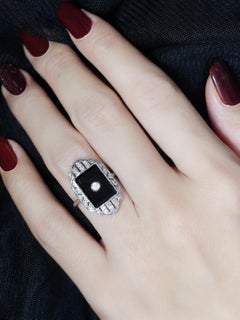 Diamond and Onyx Art Deco Style Dinner Ring in 14K White Gold