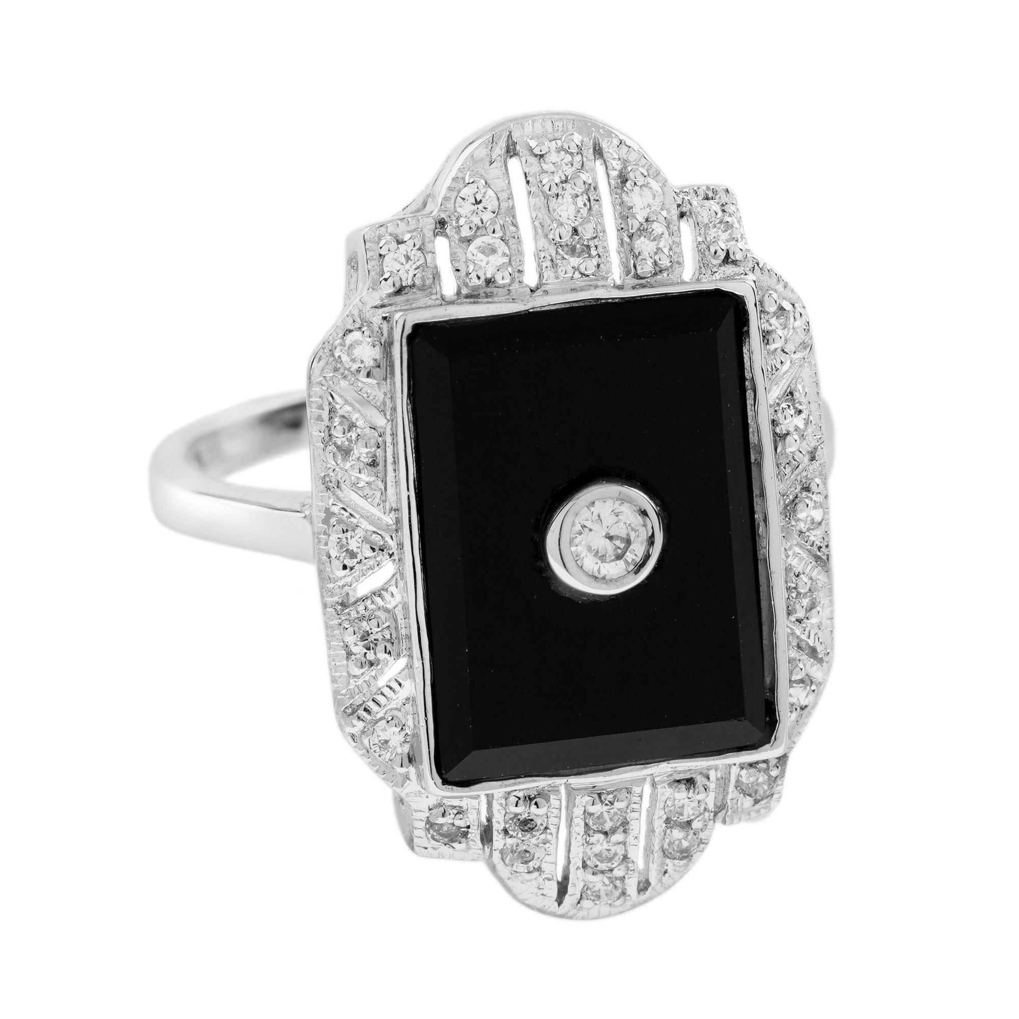 For Sale:  Diamond and Onyx Art Deco Style Dinner Ring in 14K White Gold 3