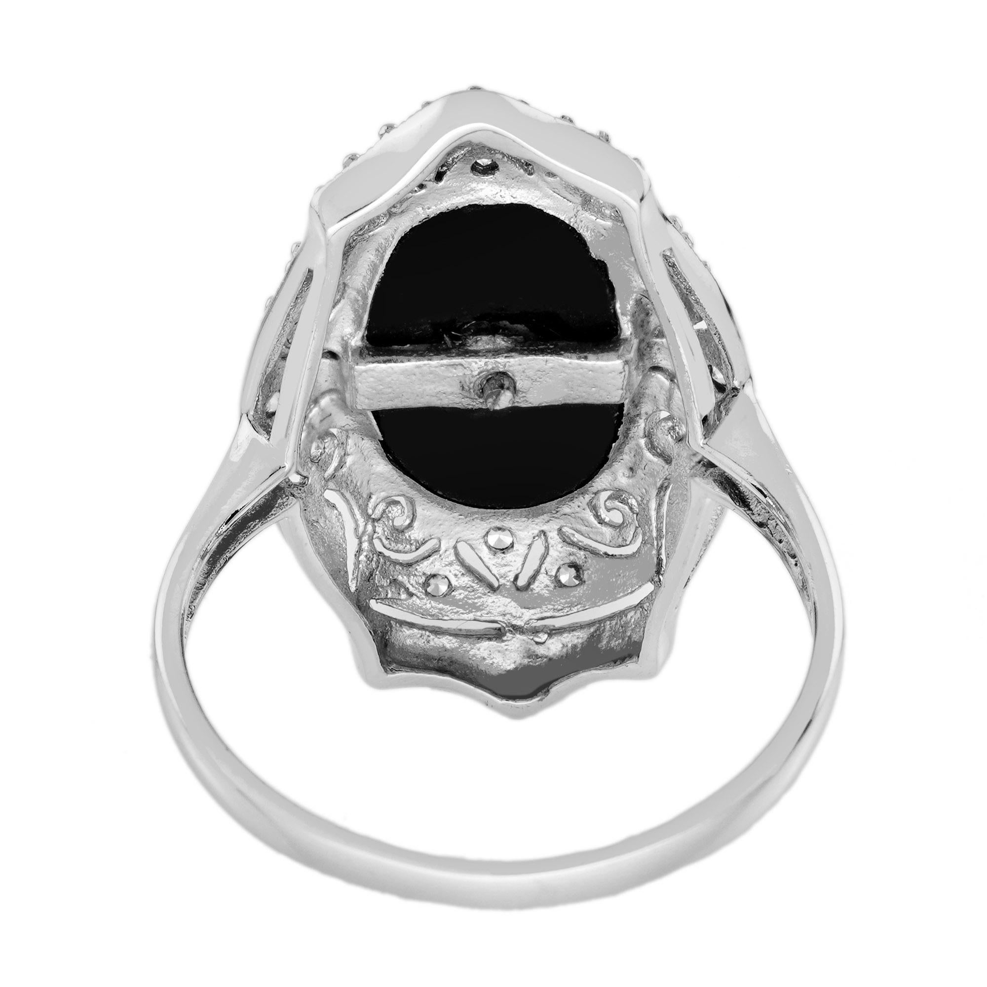 Women's Diamond and Onyx Art Deco Style Dinner Ring in 14K White Gold For Sale