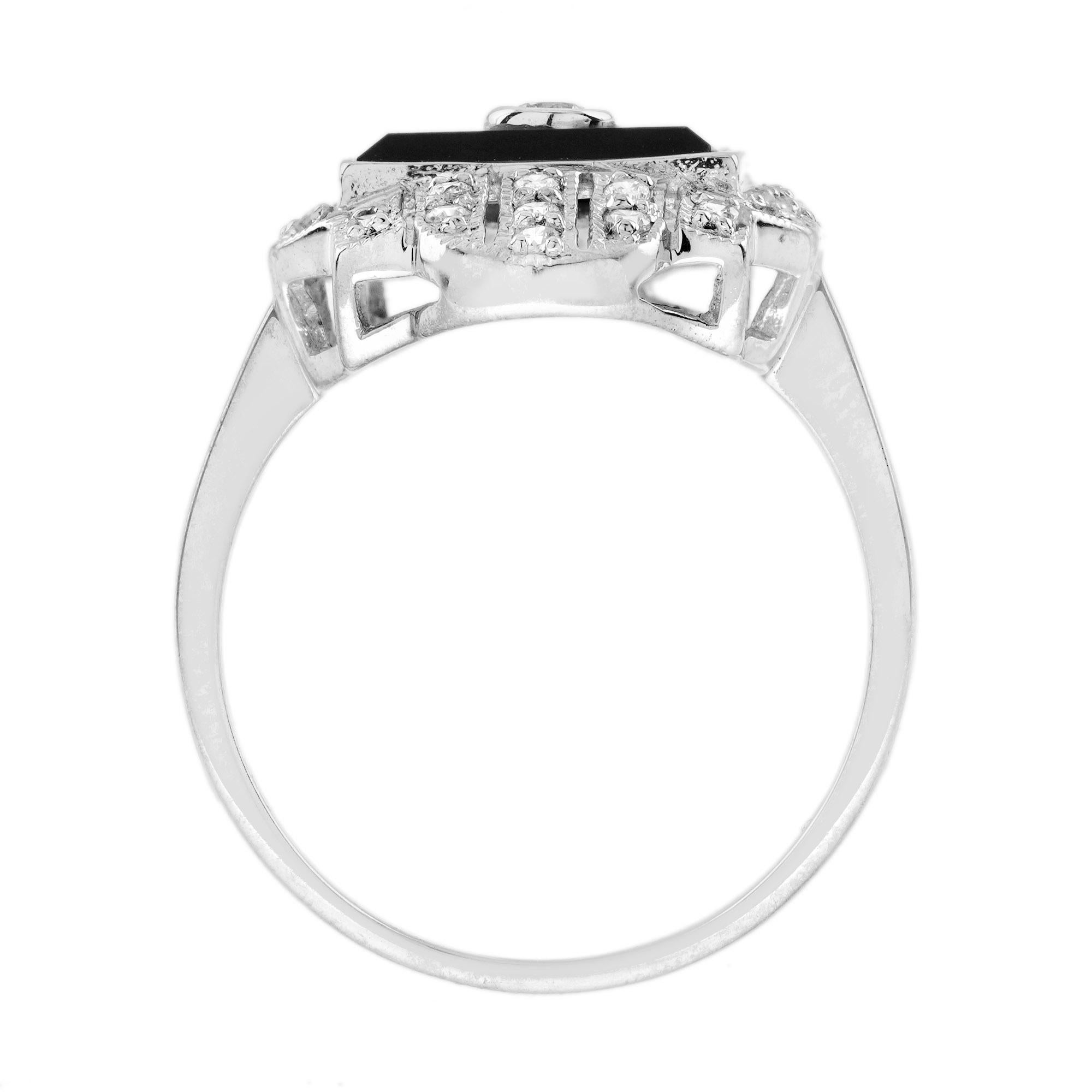 For Sale:  Diamond and Onyx Art Deco Style Dinner Ring in 14K White Gold 6