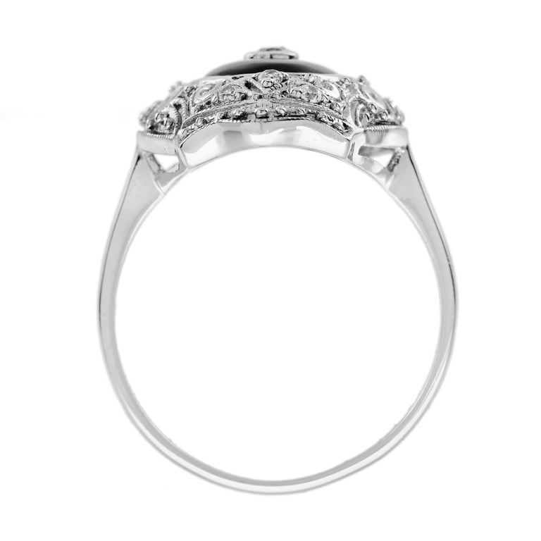 Bague Or Blanc 14 Carats Avec Onyx Conique Et Diamant - Taille 7,25 - Occasion