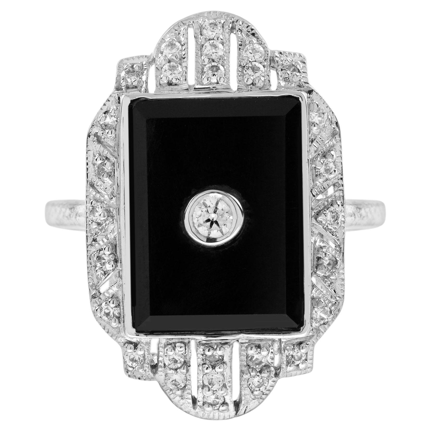 For Sale:  Diamond and Onyx Art Deco Style Dinner Ring in 14K White Gold