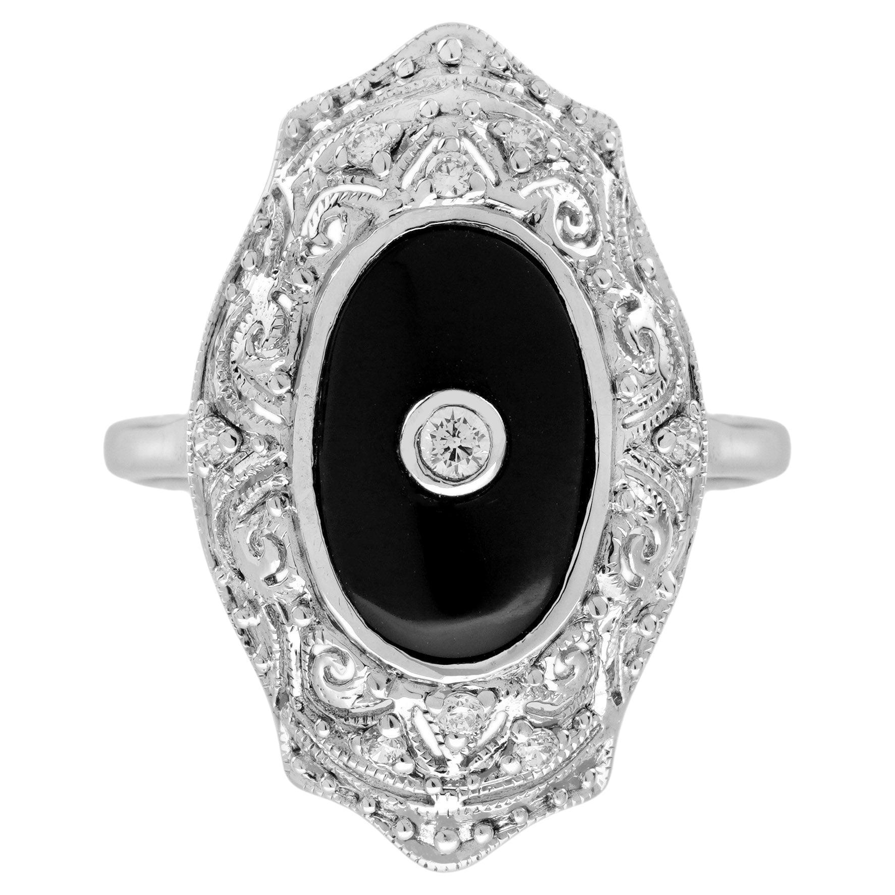 Diamond and Onyx Art Deco Style Dinner Ring in 14K White Gold