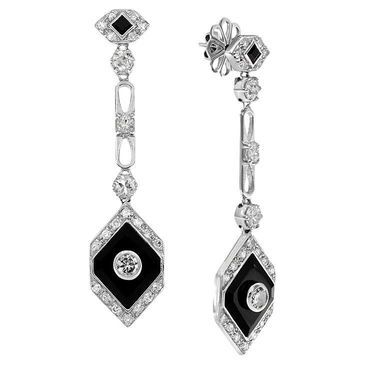 Diamond and Onyx Art Deco Style Drop Earrings in 18K White Gold For Sale