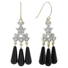 Diamond and Onyx Art Deco Style Drop Earrings in 9K Yellow Gold