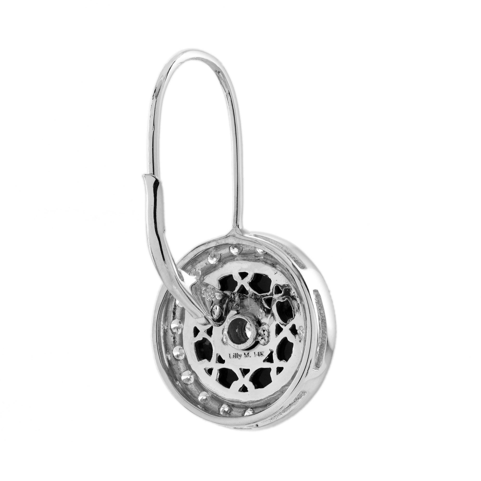 Boucles d'oreilles en or blanc 14 carats, diamant et onyx, style Art Déco Neuf - En vente à Bangkok, TH