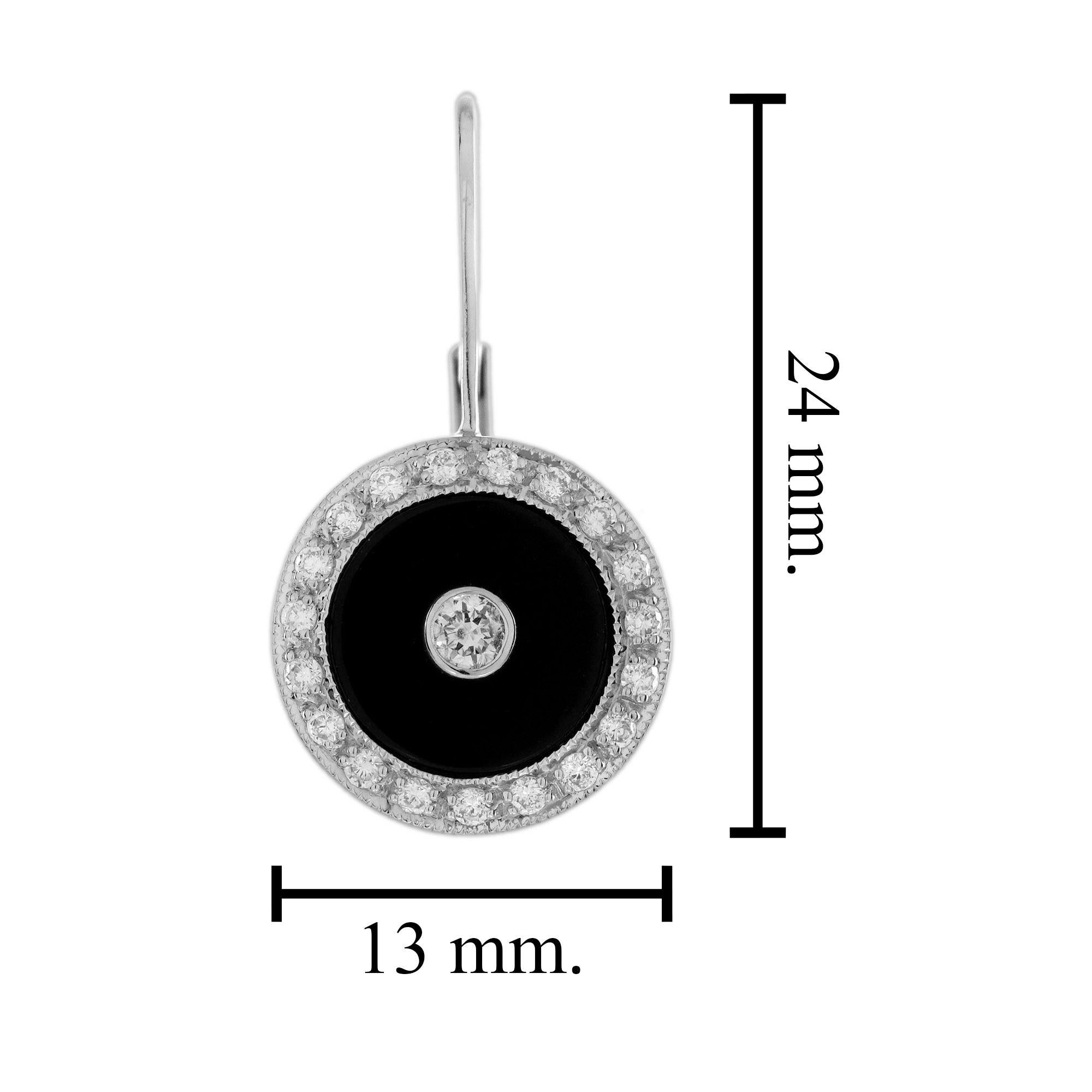 Boucles d'oreilles en or blanc 14 carats, diamant et onyx, style Art Déco Pour femmes en vente