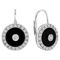 Diamond and Onyx Art Deco Style Earrings in 14K White Gold