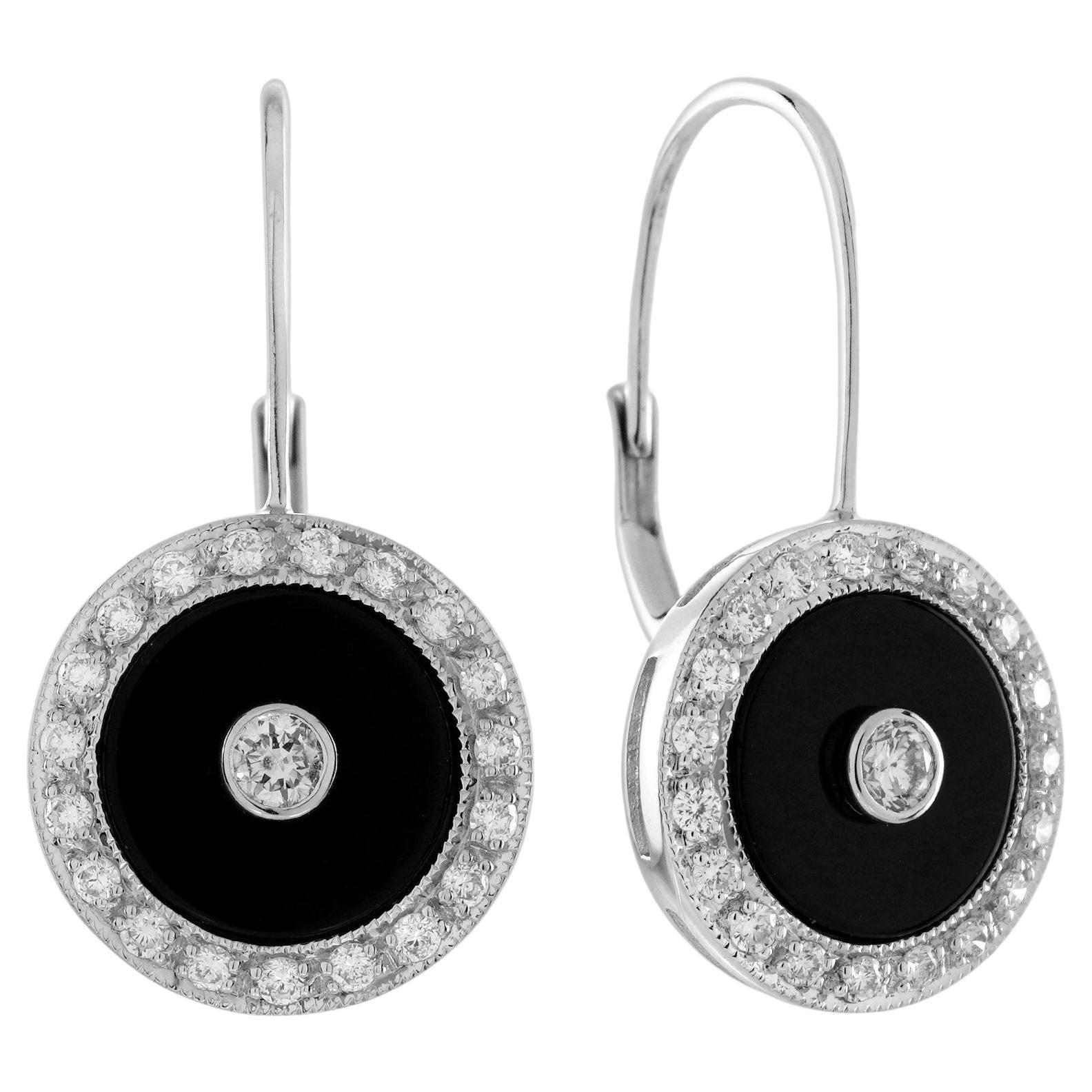 Diamond and Onyx Art Deco Style Earrings in 14K White Gold
