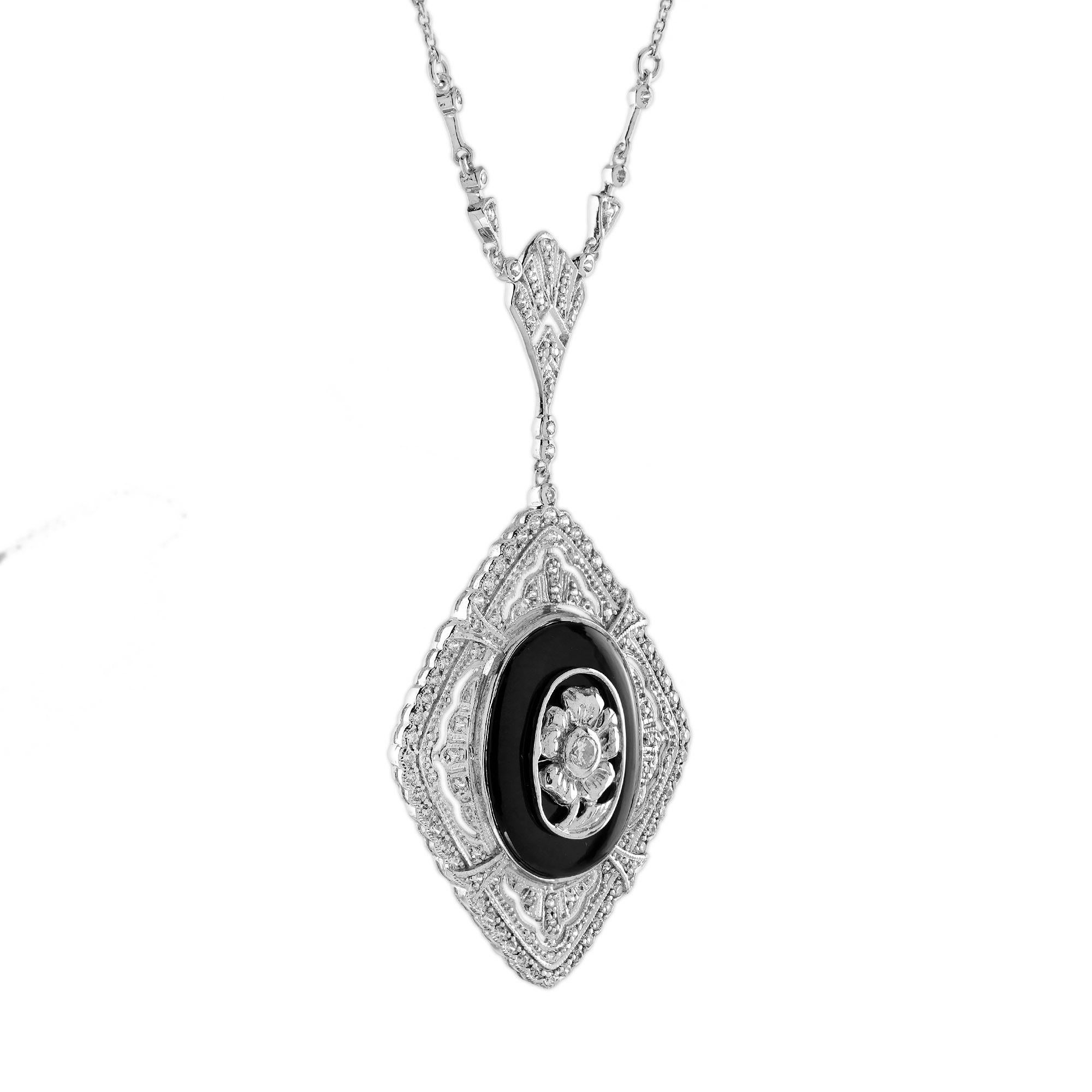 Round Cut Diamond and Onyx Art Deco Style Flower Pendant Necklace in 14K White Gold For Sale