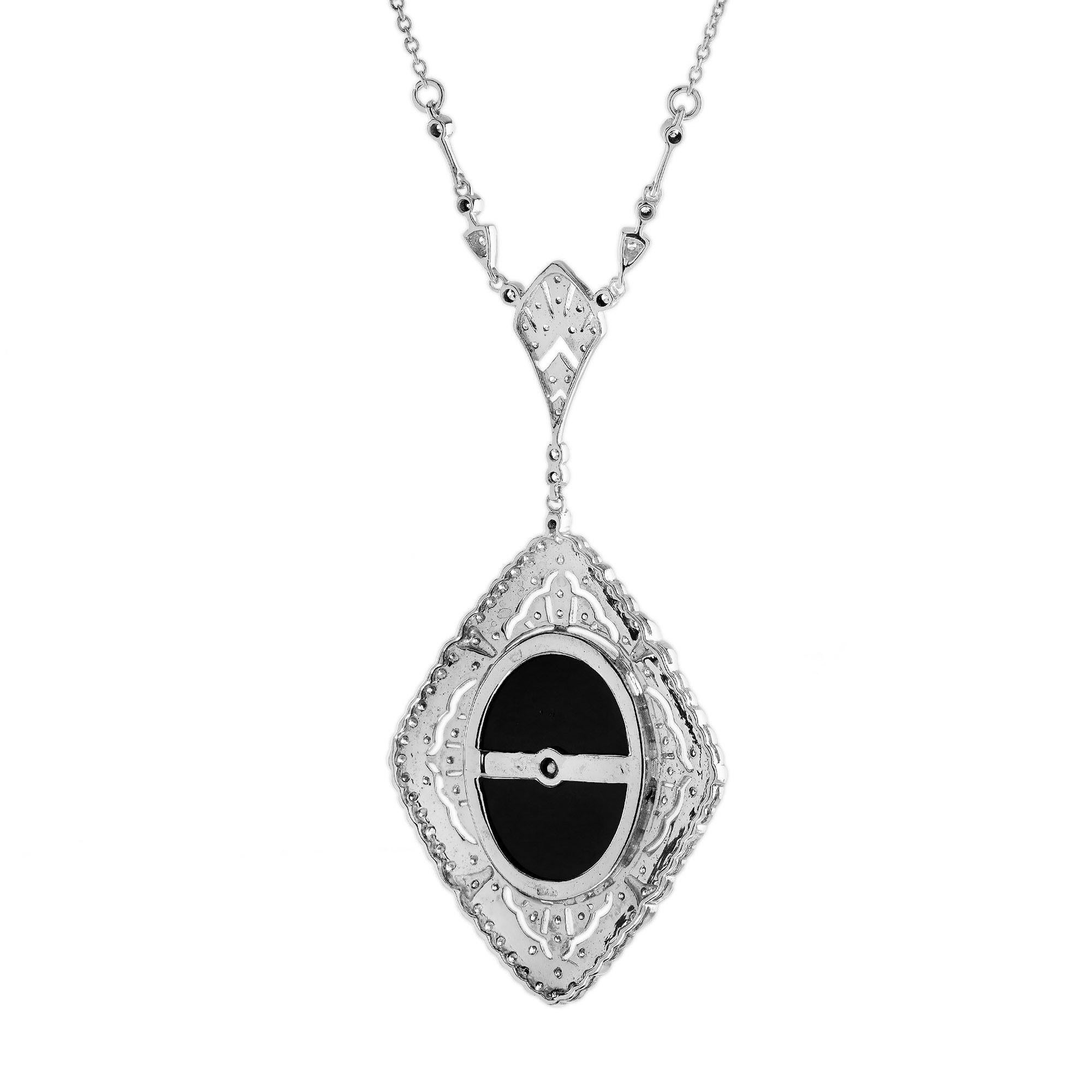 Diamond and Onyx Art Deco Style Flower Pendant Necklace in 14K White Gold In New Condition For Sale In Bangkok, TH