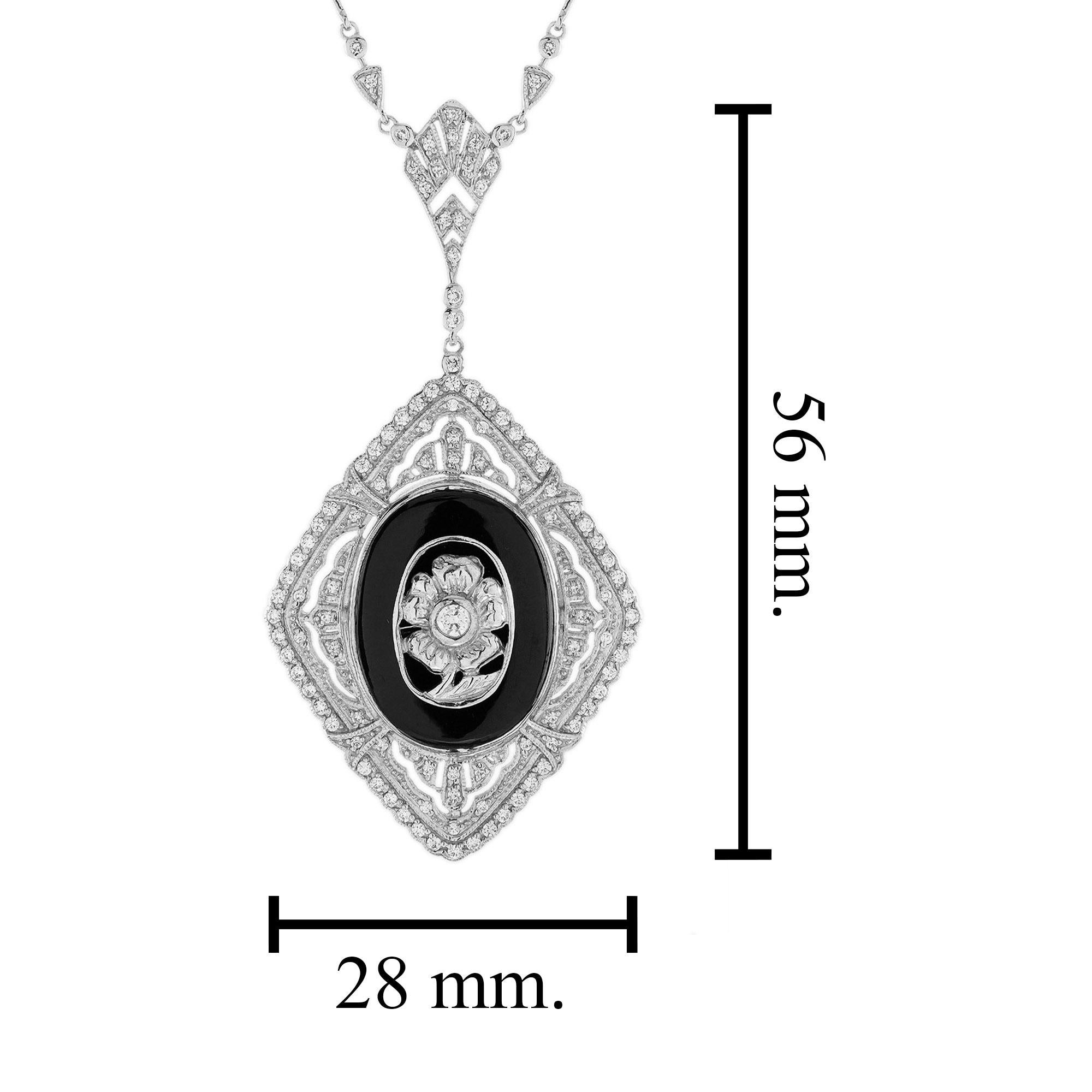 Diamond and Onyx Art Deco Style Flower Pendant Necklace in 14K White Gold For Sale 1